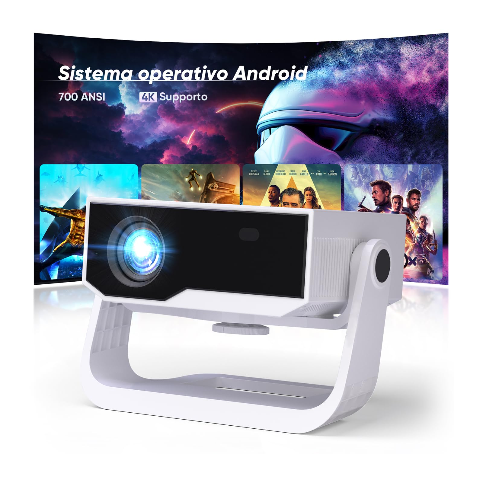 Proiettore intelligente Wielio Android 11, Supporto FHD 1080P 4K, 700ANSI, WiFi6 & BT5.2, Rumore < 29,8 dB, Supporto Regolabile a 120°, Elettrico Focus, Trapezio Automatico per Switch/PS5