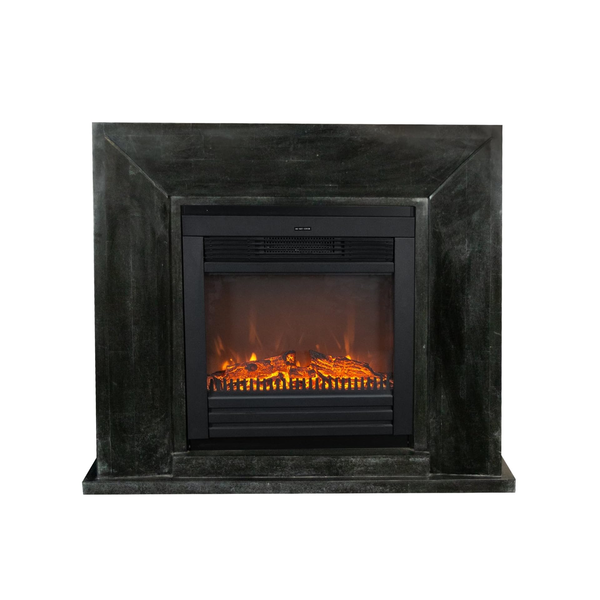 Xaralyn Nero - Camino elettrico con Lucius, antracite, rivestimento in pietra naturale nera, riscaldamento da 1400 Watt, telecomando