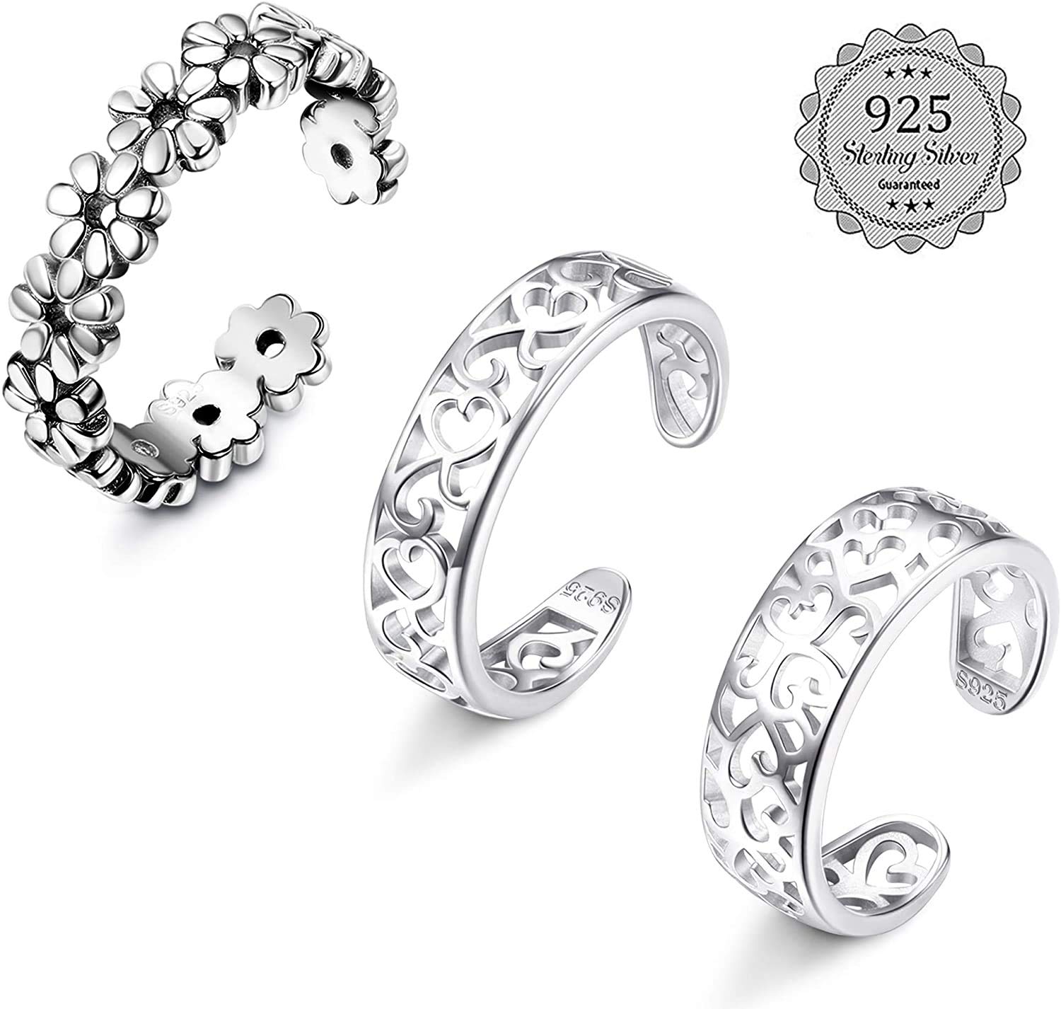 LOLIAS925 Sterling Silver Open Toe Rings Set Finger Celtic Ring Joint Ring for Women Girls Hypoallergenic Adjustable Open Heart Toe Rings Tail Finger Flower Rings Set 3Pcs Beach Foot Ring Jewelry