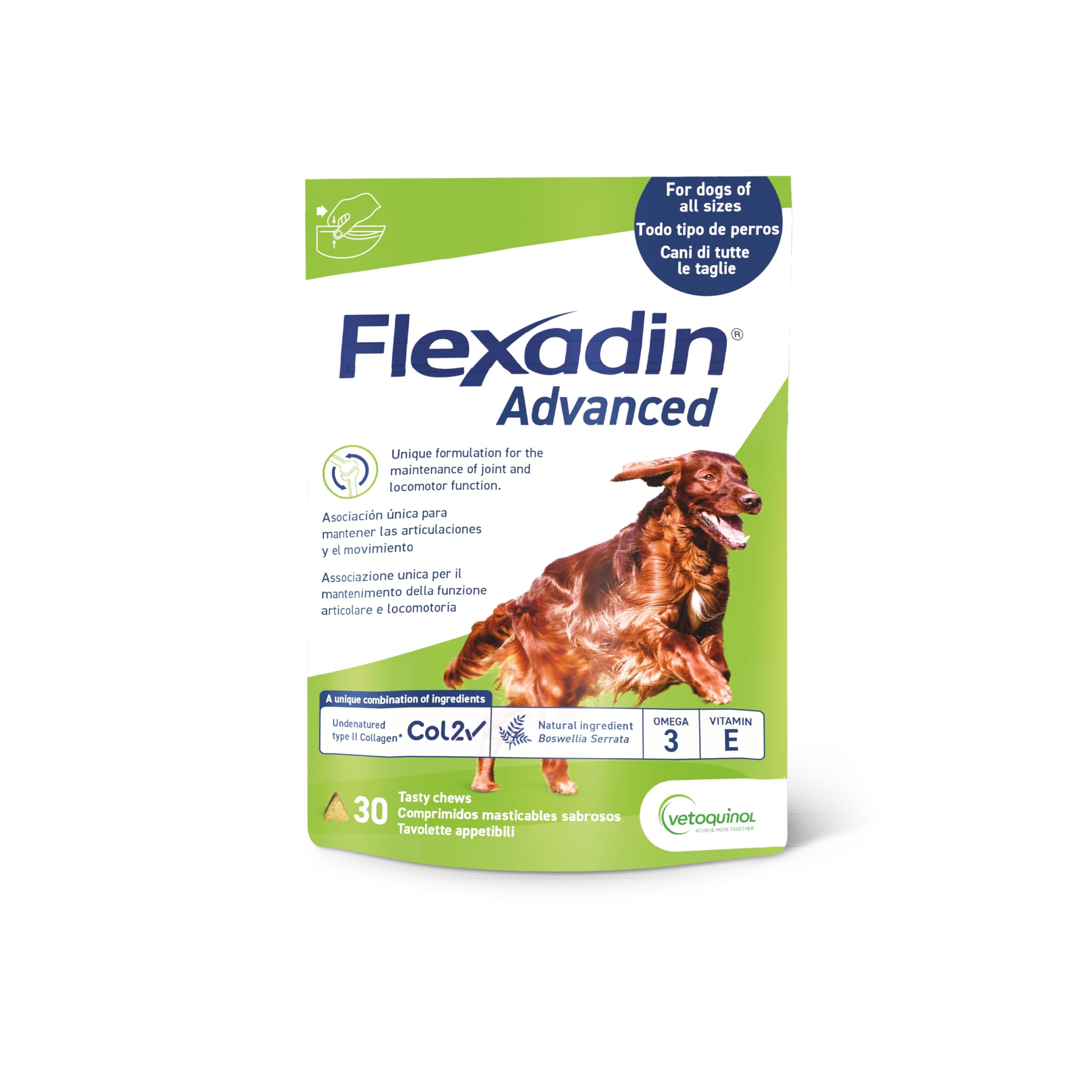 Vetoquinol Flexadin Advanced Cane | Mangime complementare per Cani | Ideale per il supporto delle articolazioni anche in corso di Osteoartrite | 30 Tavolette Appetibili, 1 tavoletta al giorno