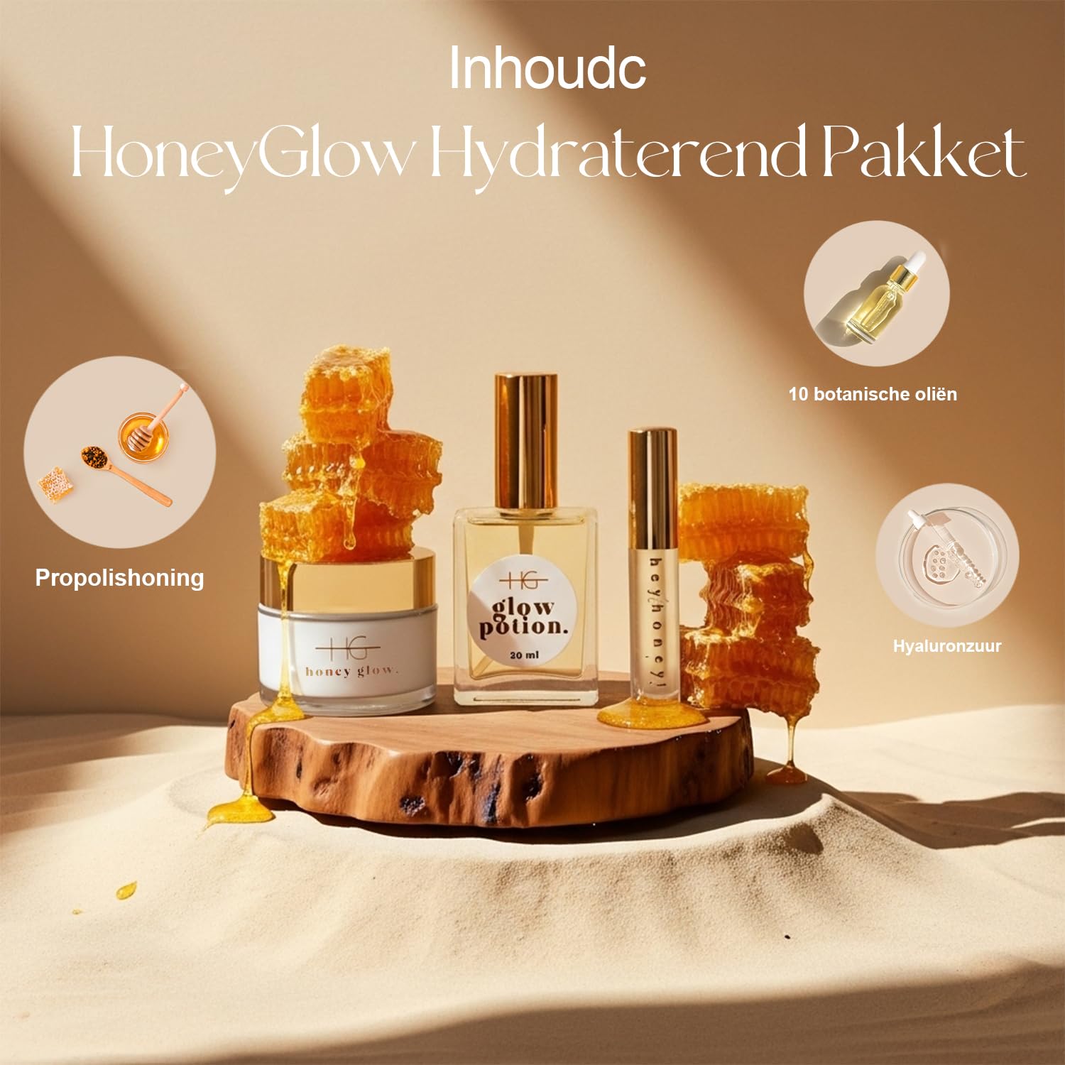 Feuchtigkeitsspendendes HoneyGlow Set | Ultra-feuchtigkeitsspendende Creme mit Miel & Ceramiden SPF15 (50ml), Glow Potion Trockenöl mit 10 Pflanzenölen (50ml) & HeyHoney Lip Serum (10ml)