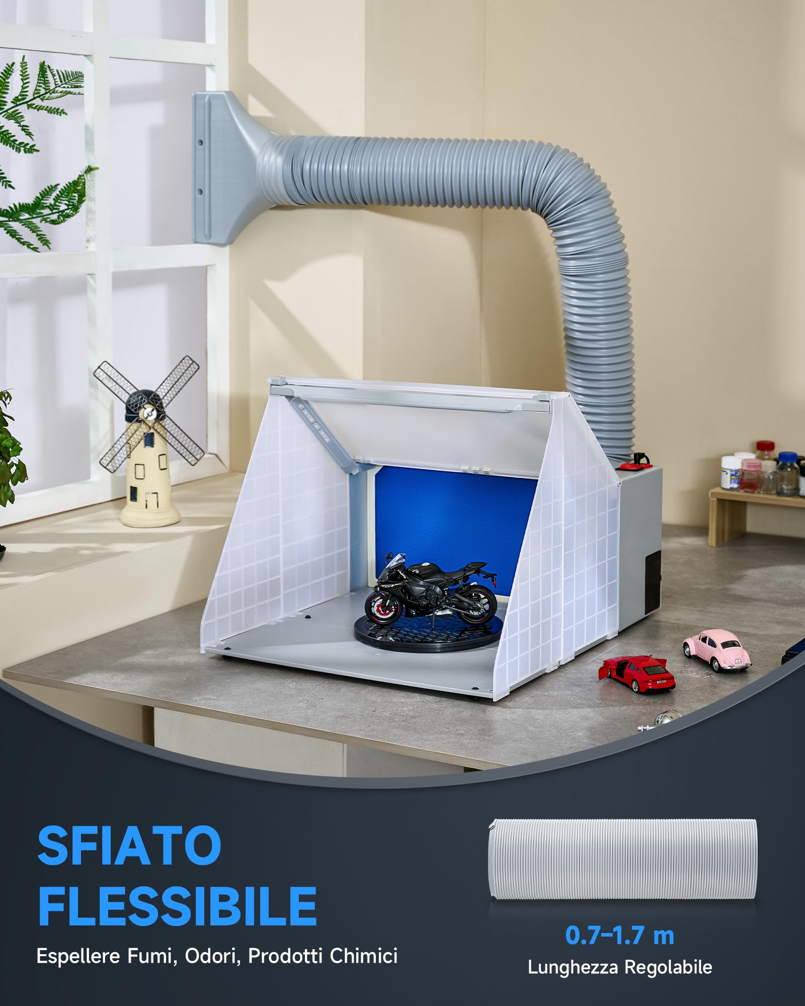 CO-Z Cabina di Verniciatura per Aerografo 2 m³/min con Aspiratore di Fumi e 3 LED, Cabina per Aerografo da Tavolo Portatile per Hobby e Modelli Professionali con 19 cm Piattaforma Girevole 1.7 m Tubo