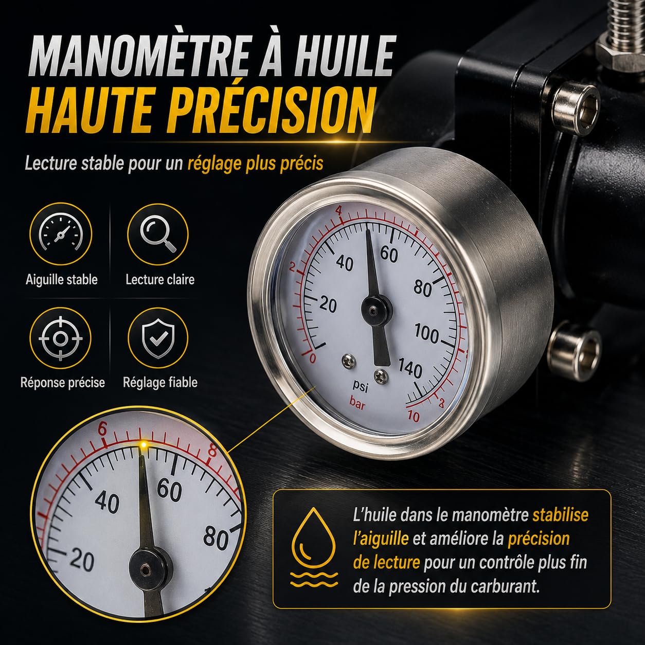 Regolatore di Pressione Universale per Benzina, Set di Regolatore di Pressione del Carburante 0-140psi Regolabile Valvola di Regolazione della Pressione del Carburante con Manometro