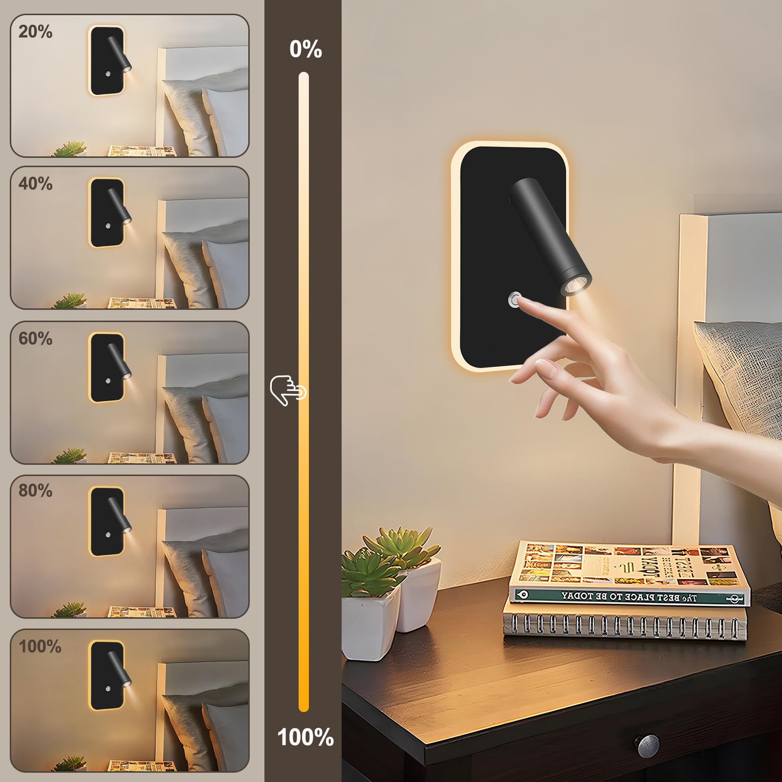 Lampe tête de lit 3W+9W 3000K, lumière de lecture murale avec interrupteur d'atténuation continue et port USB, applique de chevet noir 2 pièces
