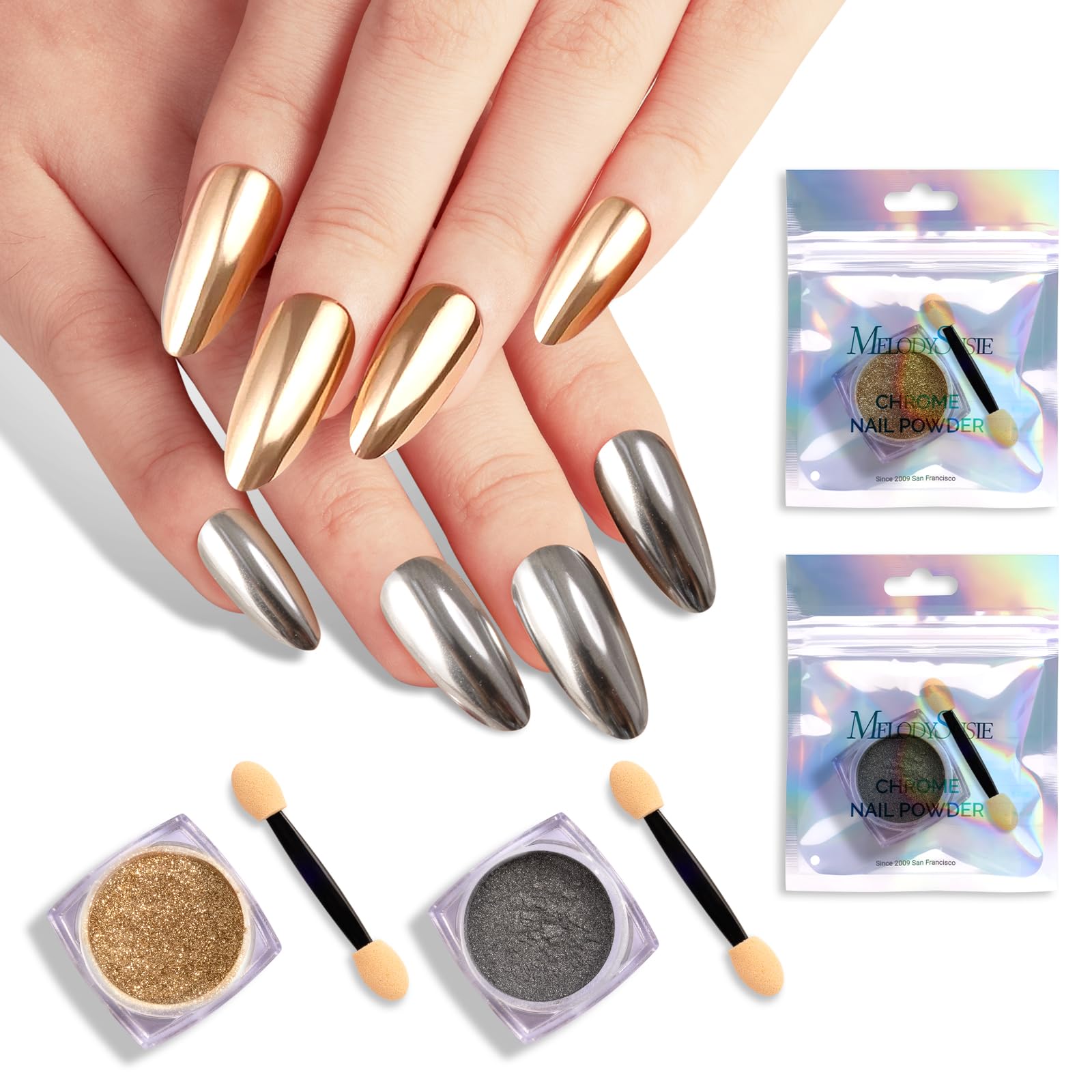 MelodySusie 2Pcs Chrome Nail Powder for Gel Nails