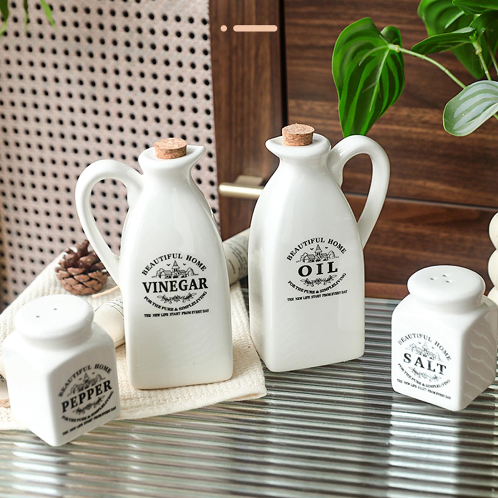 Set di 4 dispenser in ceramica con bottiglia per olio, aceto, sale, pepe, pratica cottura a casa, bottiglie di olio e aceto