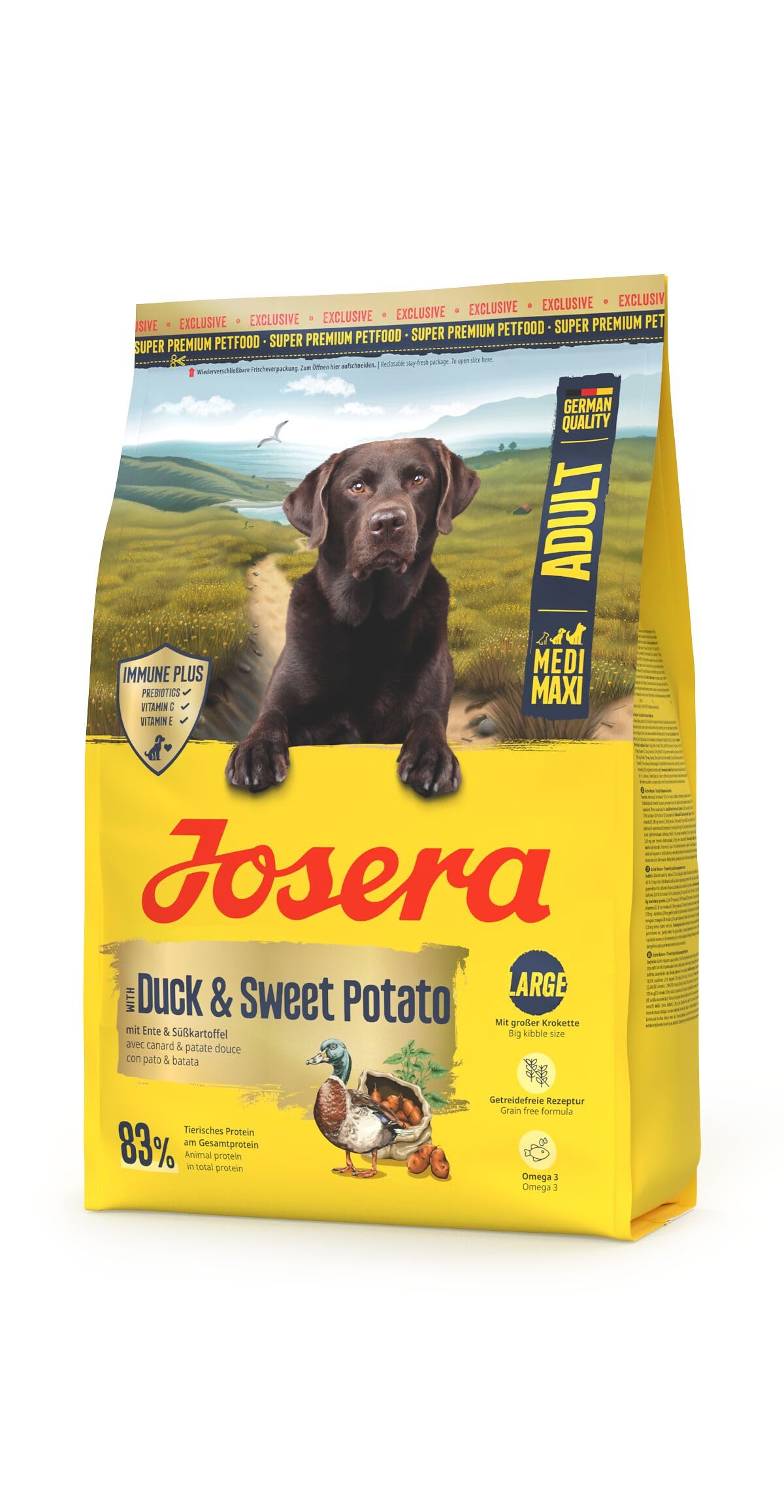 Josera Adult Duck & Sweet Potato complete dog food | Grainfree | Medium to Large dogs | Lots of meat | Immune Plus | Omega 3 from Salmon Oil | 3kg