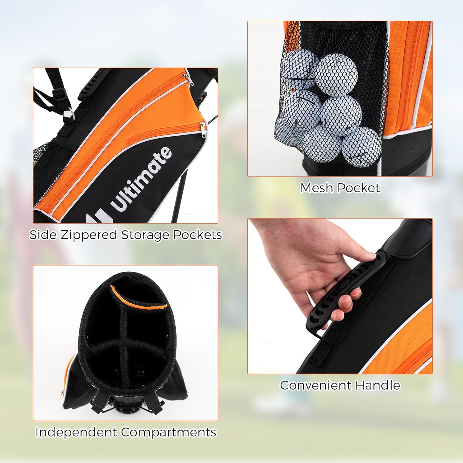 Close-up images of the golf bag showing side zippered storage pockets, a mesh pocket for golf balls, independent compartments for clubs, and a convenient handle.