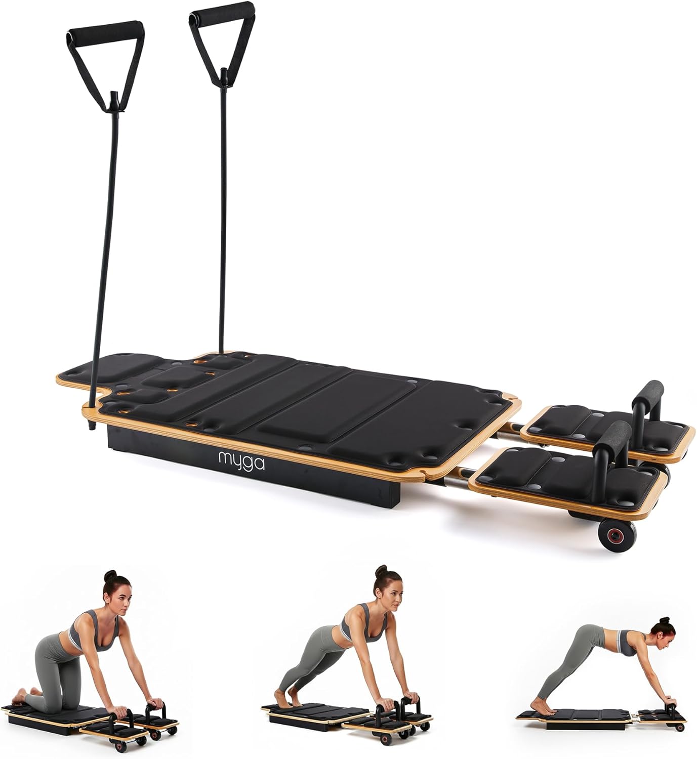 Myga Wooden Pilates Reformer,Home Pilates Machine with Adjustable Resistance and Padded Handles,Compact Durable Reformer for Core Strength, Full Body Workout,Toning and Flexibility