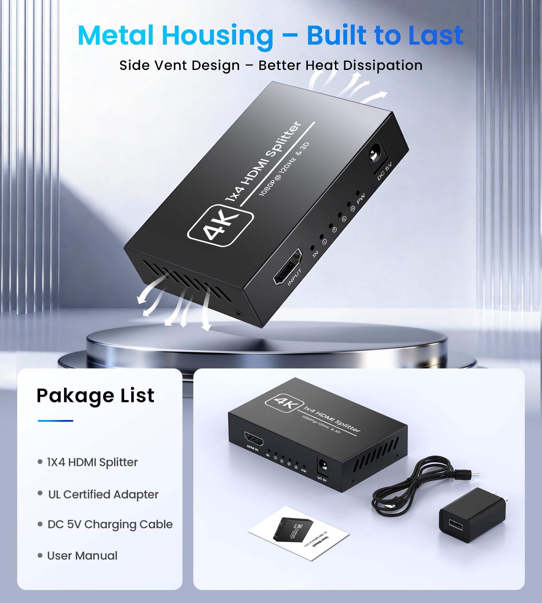 Divisor HDMI de 1 en 4 salidas solamente, divisor de video HDMI 1x4 alimentado con adaptador de alimentación de 5 V CC, soporta 4K a 30Hz, 1080P a 120Hz, 3D, pantalla de espejo para múltiples