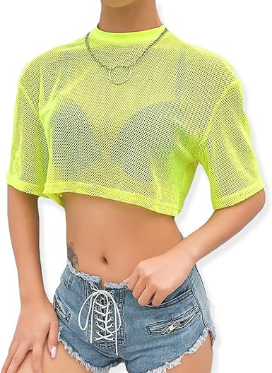 Short Sleeve Neon Mesh Fishnet Crop Top 
