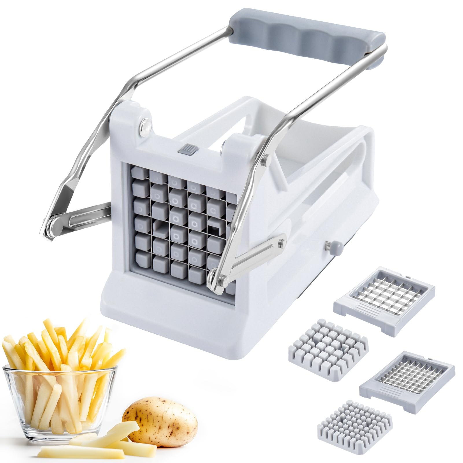 CROWNSHOP Potato Chipper & Cutter – 2 Blade Sizes, Non-Slip Suction Base, Ergonomic Handle – Perfect for French Fries, Veggie Sticks & Air Fryer Use