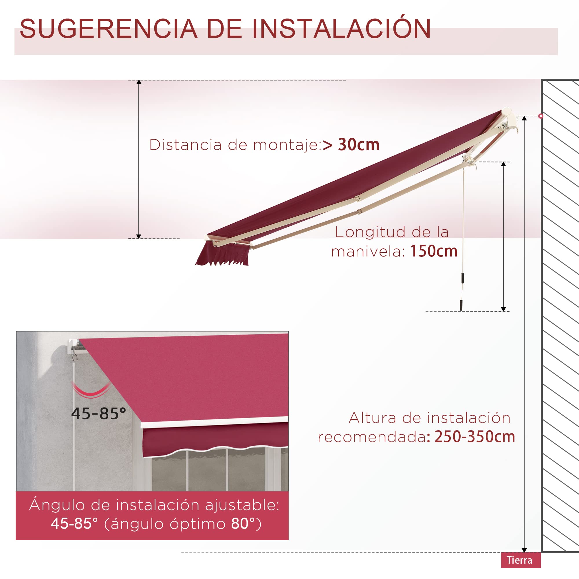 Outsunny Toldo Manual Retráctil 4x2,5 m Ángulo Ajustable Rojo | Toldo Exterior Terraza, Brazo Articulado, Estructura de Aluminio, Anti-UV e Impermeable, para Jardín