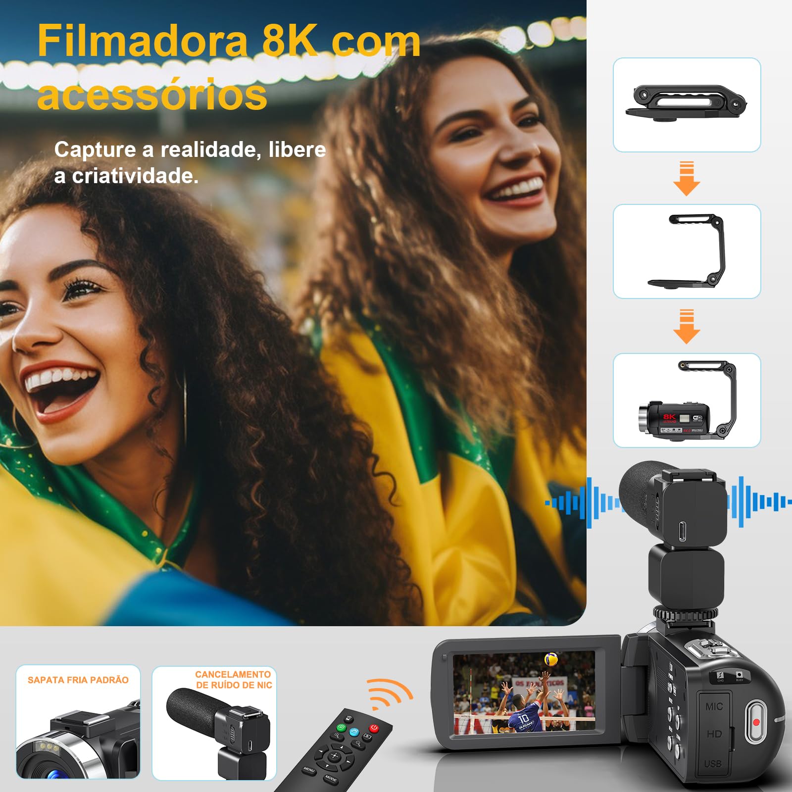 Câmera de vídeo digital 8K, 64MP,Transmissão WiFi, Zoom de 18X