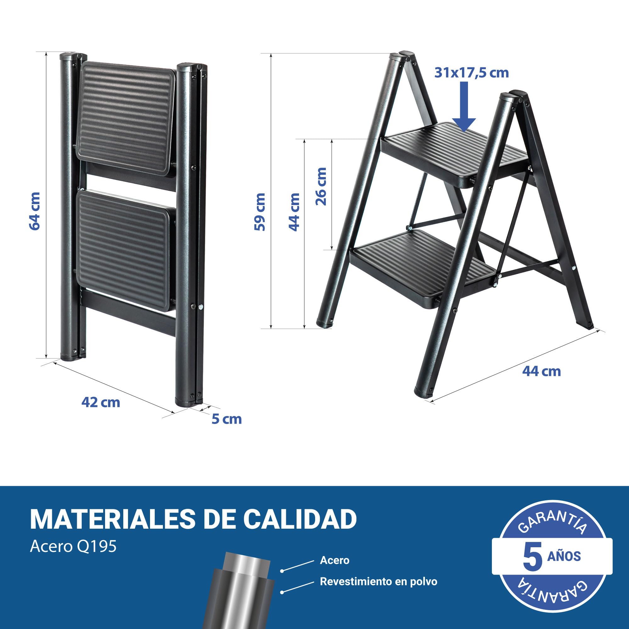 HOSTRÖM Escalera 2 peldaños FOLDPACT2, Taburete Plegable, Diseño ultracompacto, Peldaños Anchos 17,5 cm, Acero, Estante Temporal, Garantía 5 años.