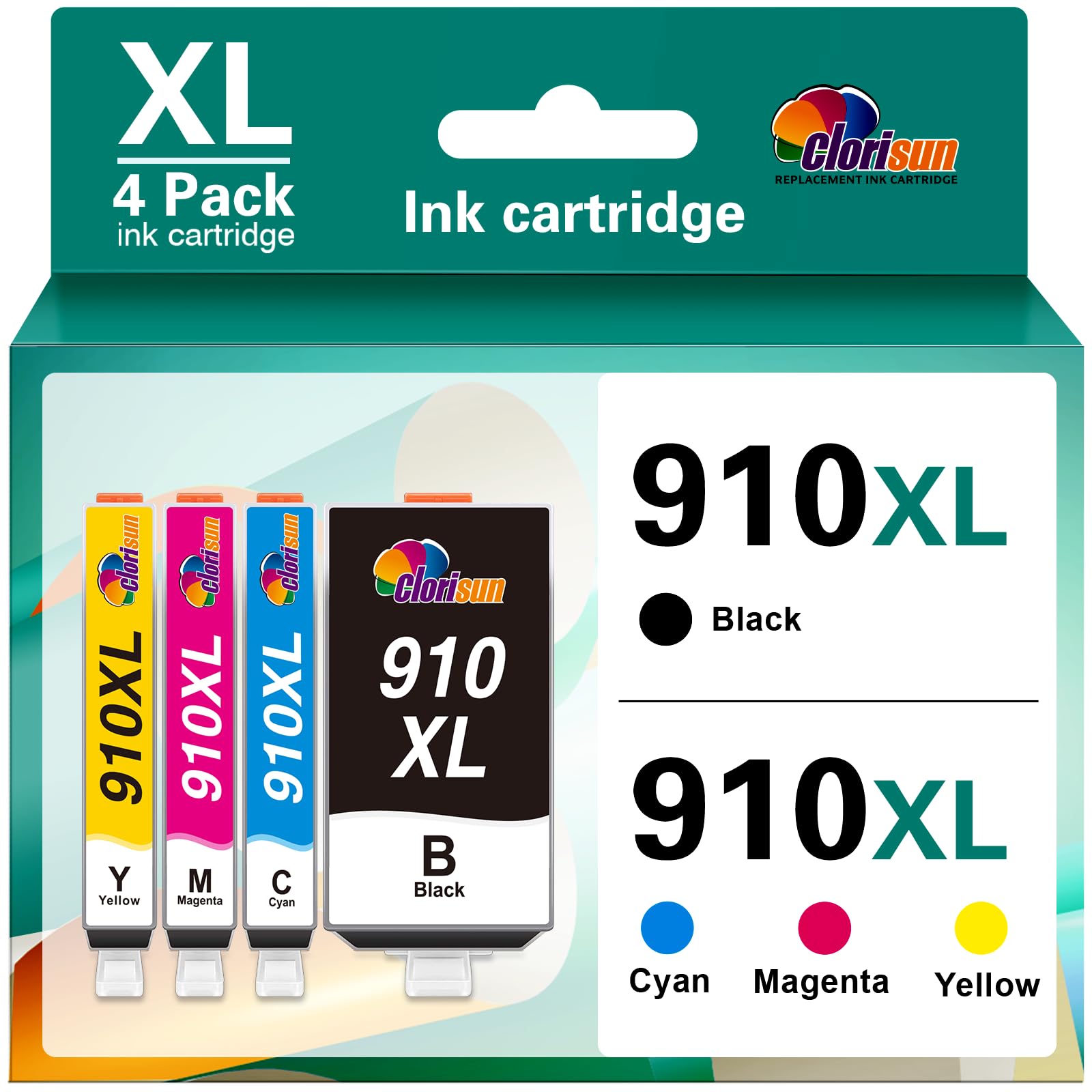 Clorisun 910XL 910 Ink Cartridges for HP Printers Compatible for HP 910XL Ink Cartridges Combo Pack Work with HP OfficeJet Pro 8020 8025 8035 8028 8022 8010 8015(Black Cyan Magenta Yellow 4-Pack)