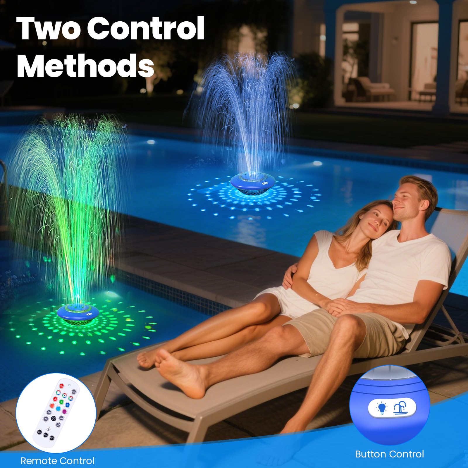 Fontaine de piscine flottante avec spectacle de lumières, 9 modes d'éclairage de piscine et 3 modes de fontaine avec télécommande pour piscine hors sol creusée, fontaines de piscine rechargeables