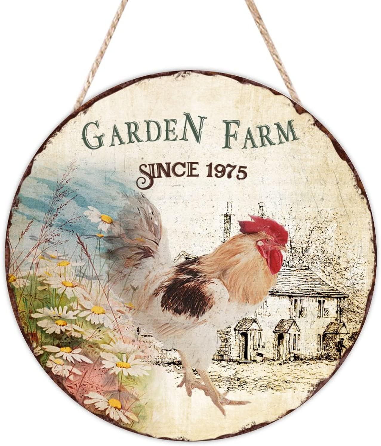 Rustic Wall Hanging Sign Plaque, Garden Farm Since 1975 Wood Door Sign, Chicken 16x16in Round Door Hanger Sign for Front Door Entryway Porch Bar Pub Farewell Party Housewarming Gifts