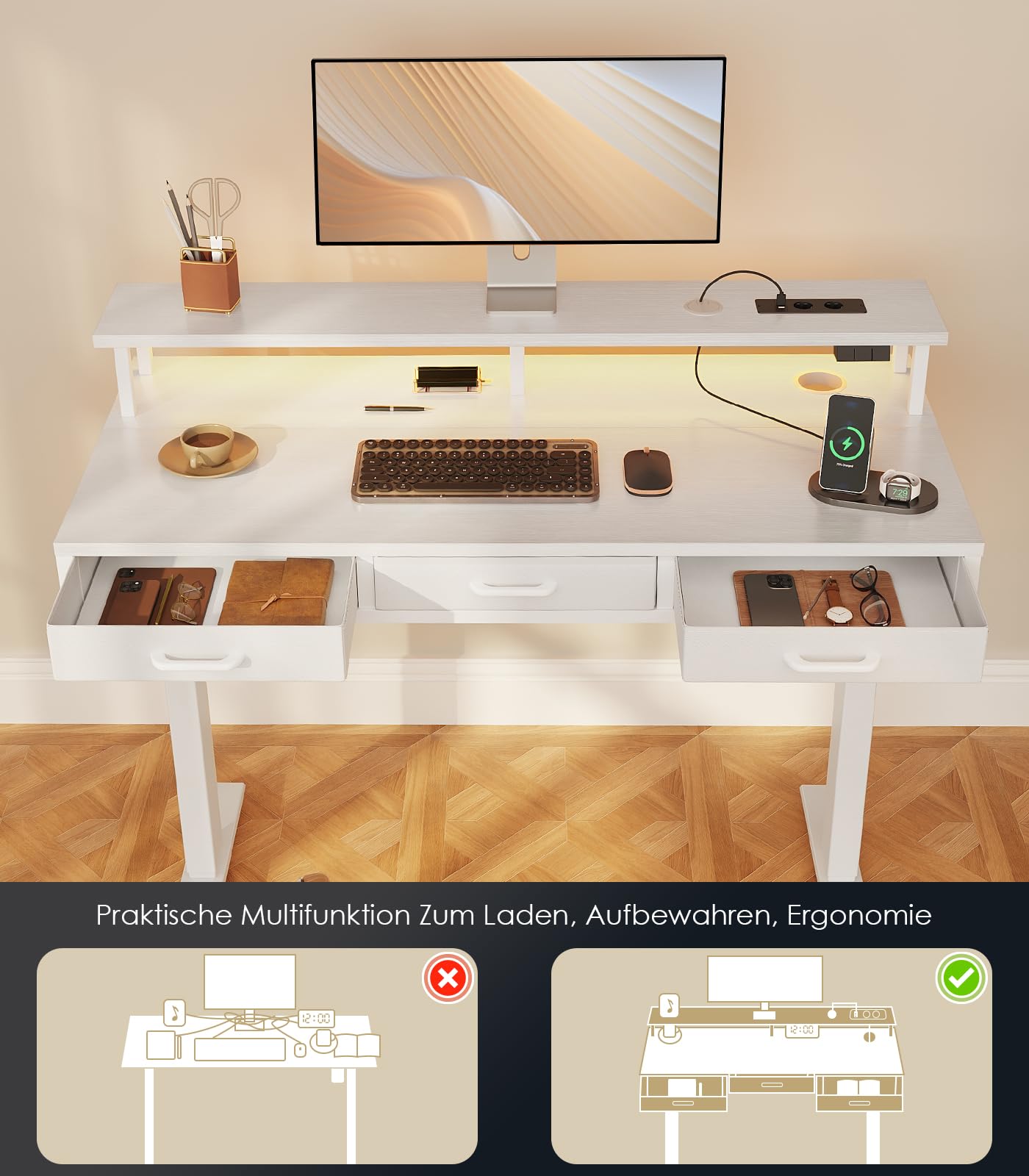 OffiGo Höhenverstellbarer Schreibtisch mit Monitorständer, 120cm Elektrischer Schreibtisch mit Schubladen, Standing Desk mit Steckdosen und Lichtleiste, Tisch Höhenverstellbar Bürotisch, Weiß