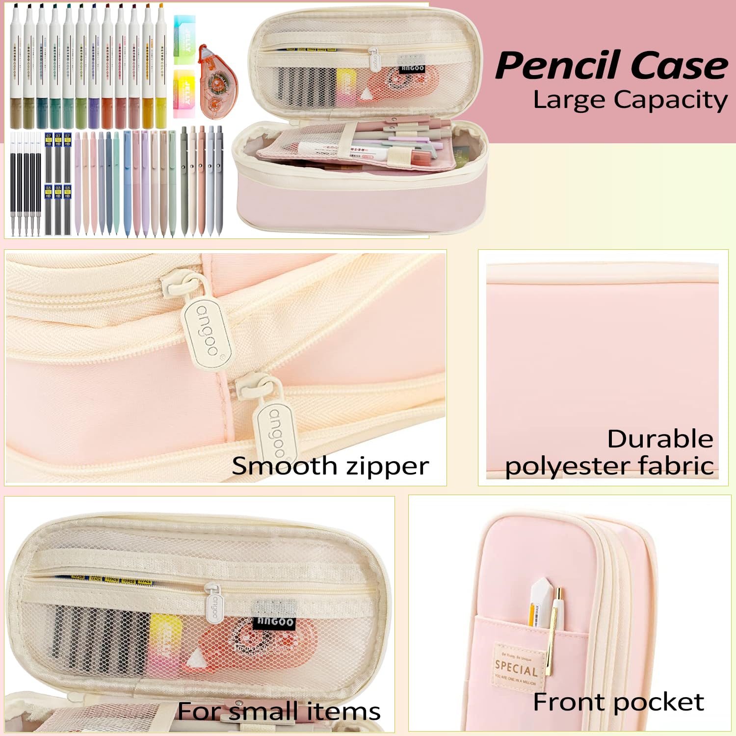 44 PCS Aesthetic School Supplies with Pencil Case, 12 Pastel Highlighters, 5 Black Ink Gel Pens, 6 Colored Gel Pens - Image 4