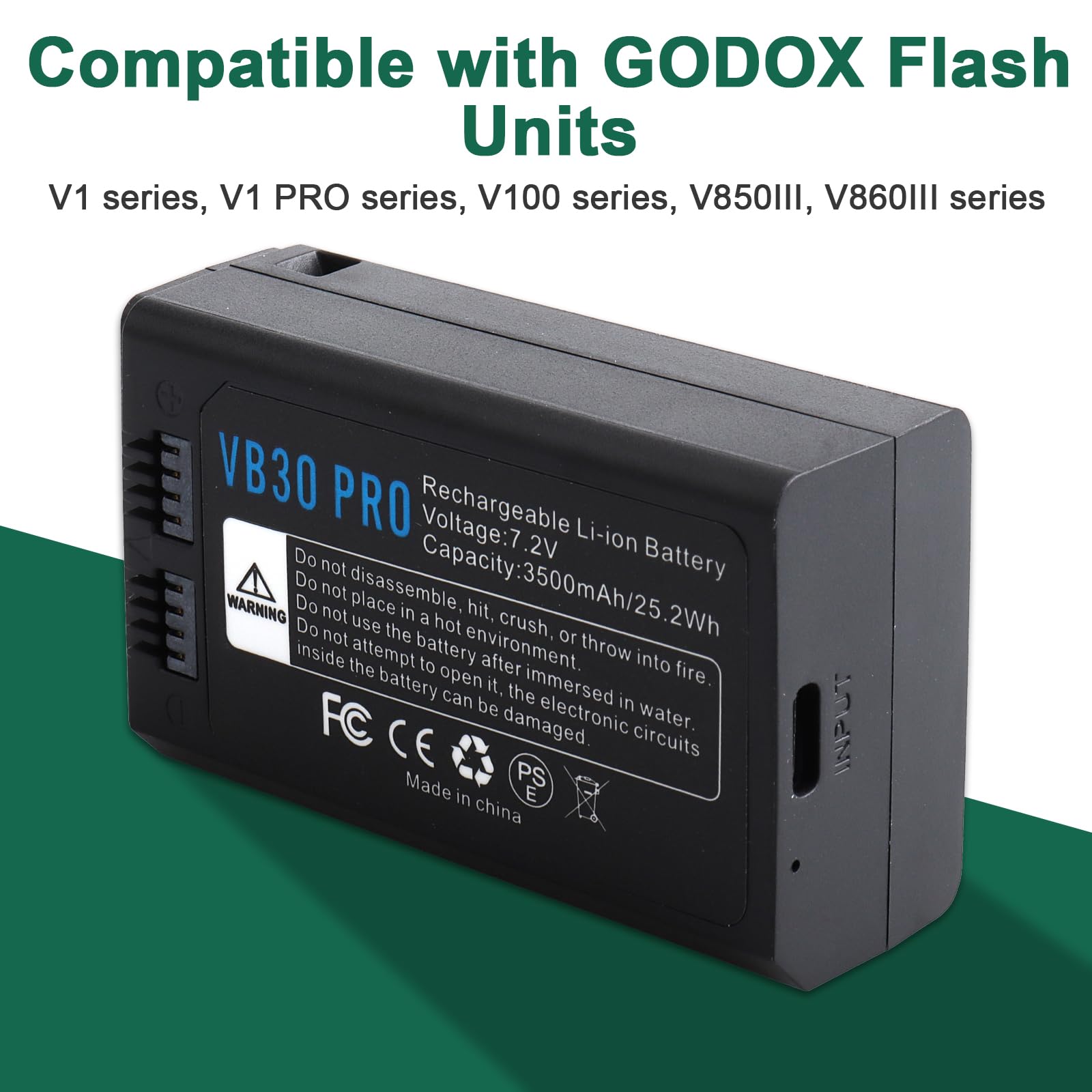 VB30 Akku 3500mAh Kompatibel mit GODOX V1Pro V1PRO-S V1PRO-N V1PRO-C V1PRO-F V100 V100C V100N V100S V1S V1C V1N V1O V860III V850III Kamerablitz, USB-C Eingang, 7,2V Li-Ionen Akku