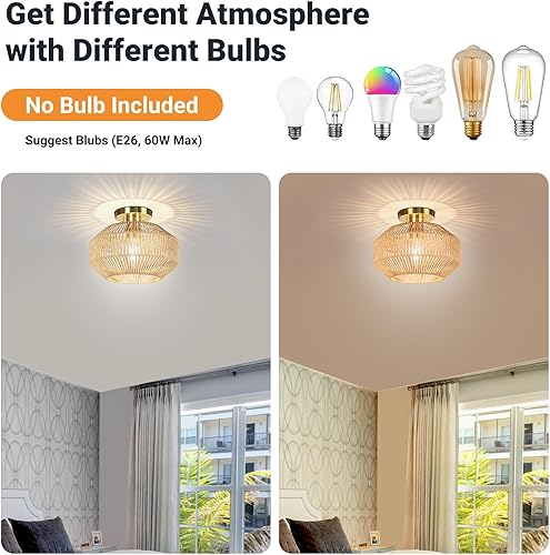 Miniatura 3 de Lámpara de techo semiempotrada de ratán tejido de papel para pasillo, lámpara de techo bohemia para porche, pasillo, cocina, dormitorio, bombilla no