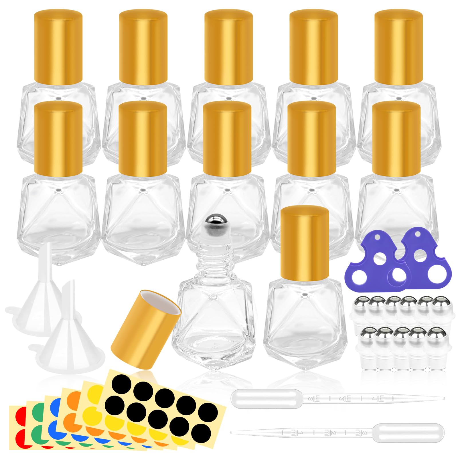 Yauhar 12Pcs 8ml/0.27oz Travel Essential Oil Roll On Bottle with Stainless Steel Ball Gold Cap Set Contains Polygonal Clear Glass Roller Bottle