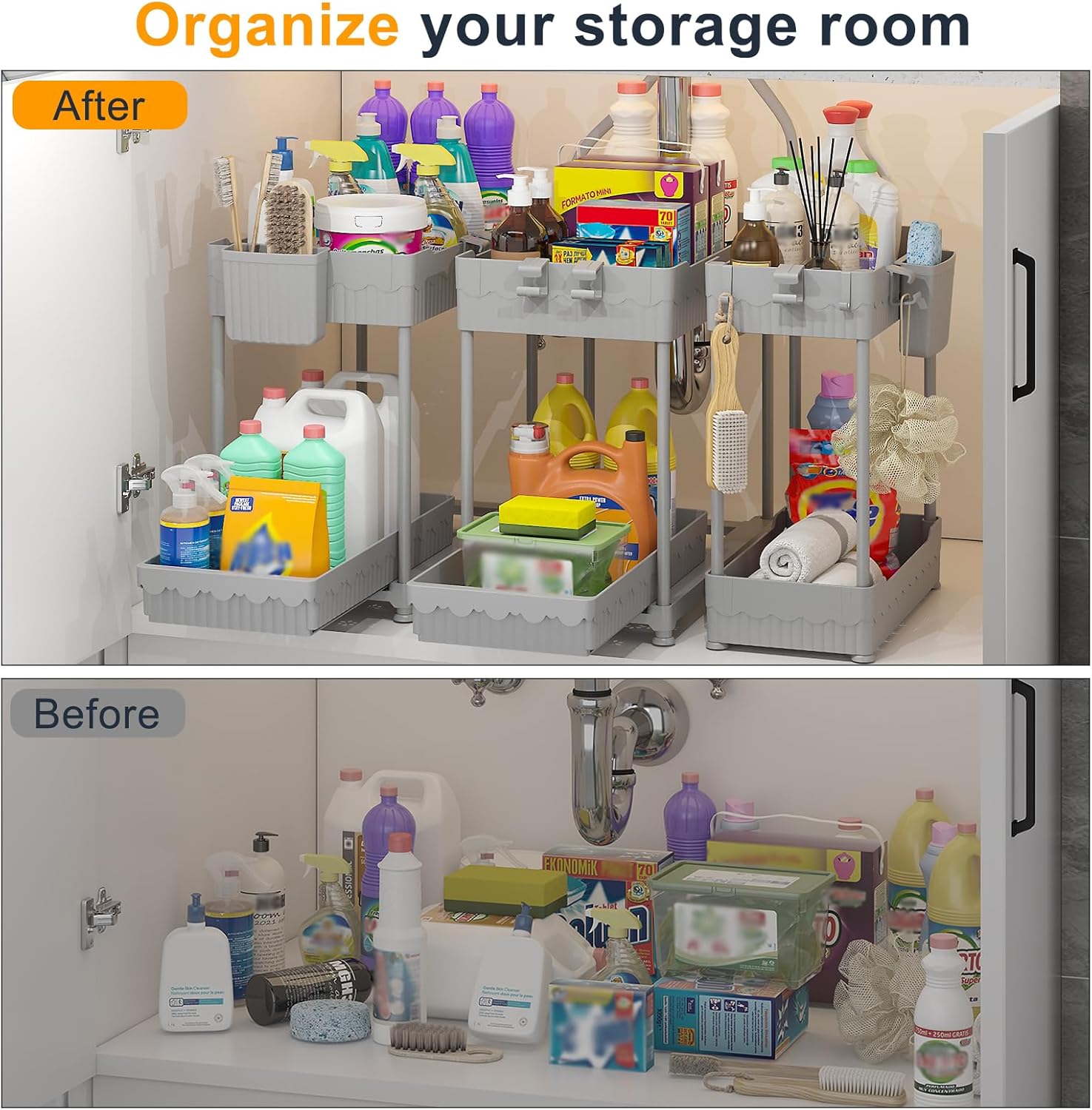 3 Pack Under Sink Organizers, 2-Tier Multi-Use Kitchen and Bathroom Organizers and Storage with Sliding Drawers,Bathroom Cabinet Organizer (Gray, 12.8 Inch) - Image 4