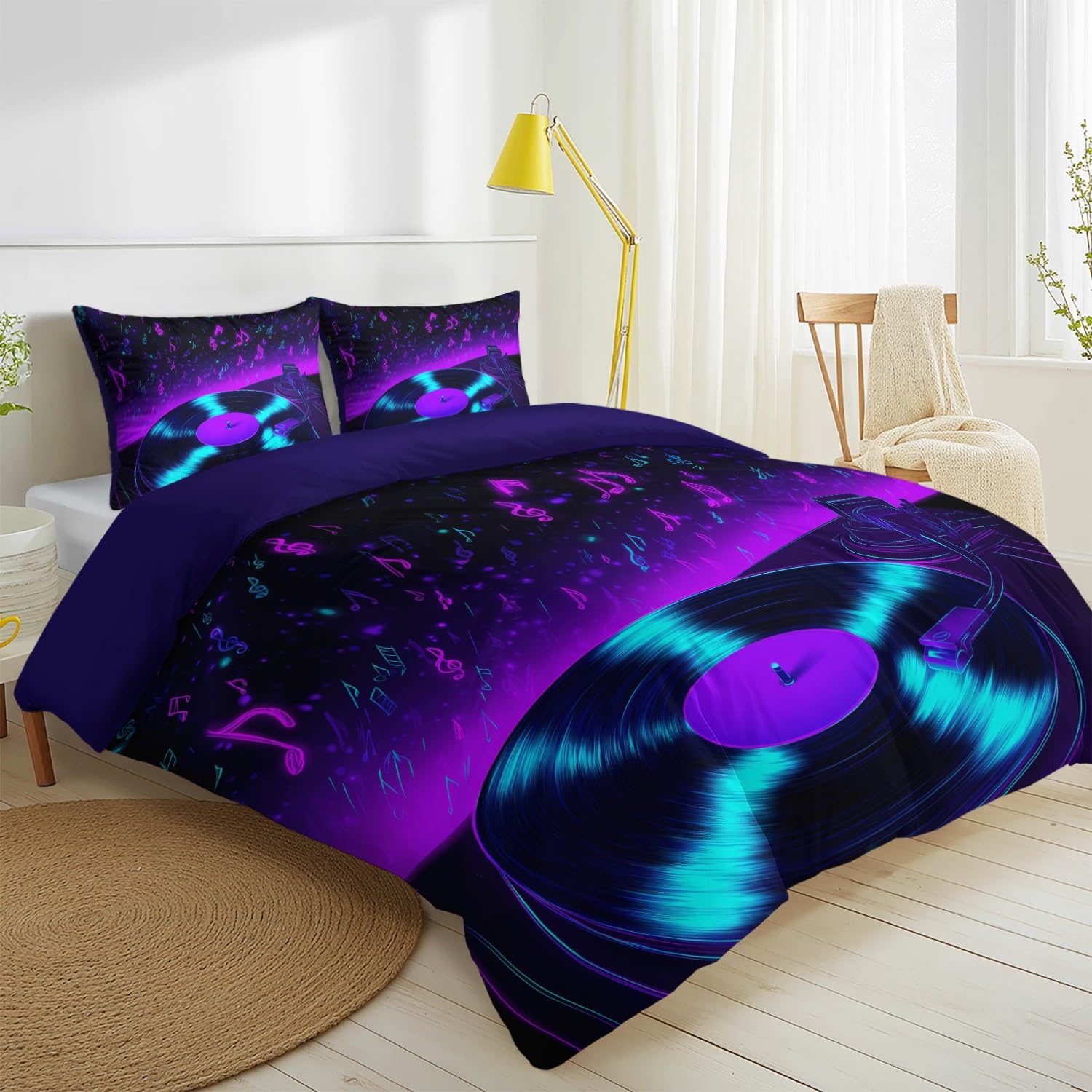 Generisch Bettwäsche-Set - Vinyl Schallplatte Musiknote Bettbezug & Kopfkissenbezug, Musik Futuristisch Techno weiches Mikrofaser-Bettbezug-Set für Jungen und Mädchen, 220 x 240 cm