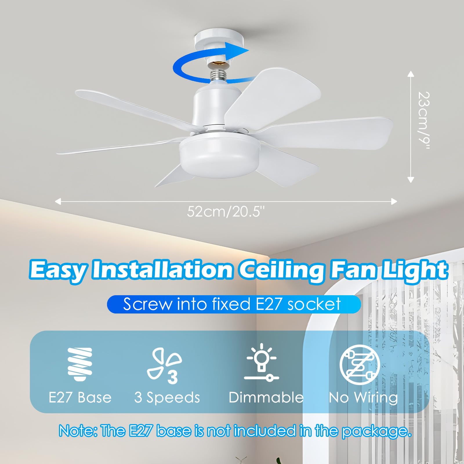 Ventilateur de Plafond avec Lumière, E27 Silencieux Ventilateur Plafond 52cm/20.5inch Dimmable avec LED Lampe Télécommande, Minuteur, 3 Vitesses, 6 Pales pour Chambre Salon Cuisine