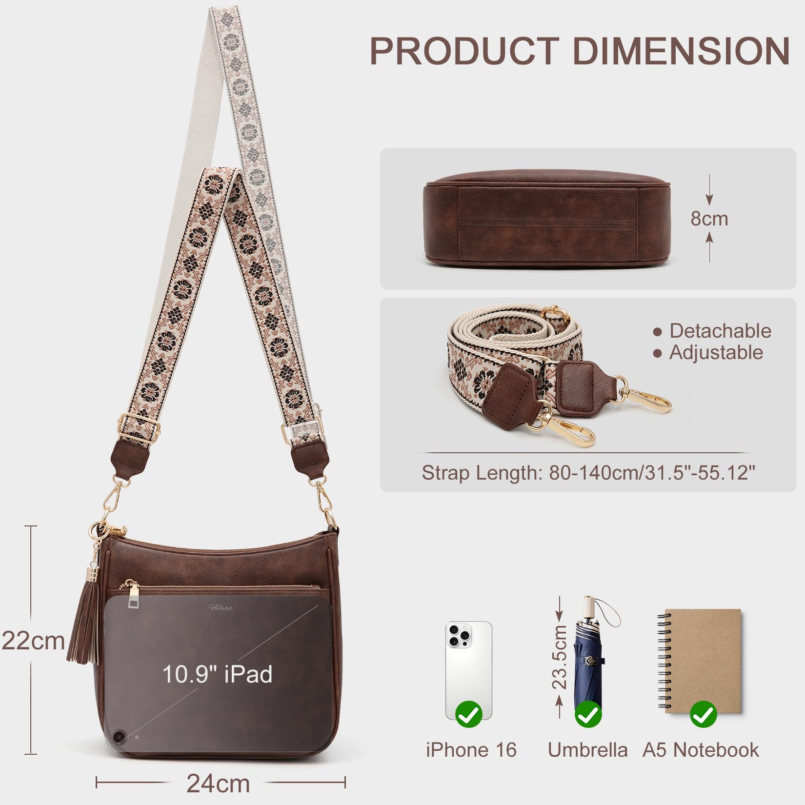 Borsa a tracolla da donna con blocco RFID, antifurto con 3 scomparti, tracolla larga regolabile e rimovibile