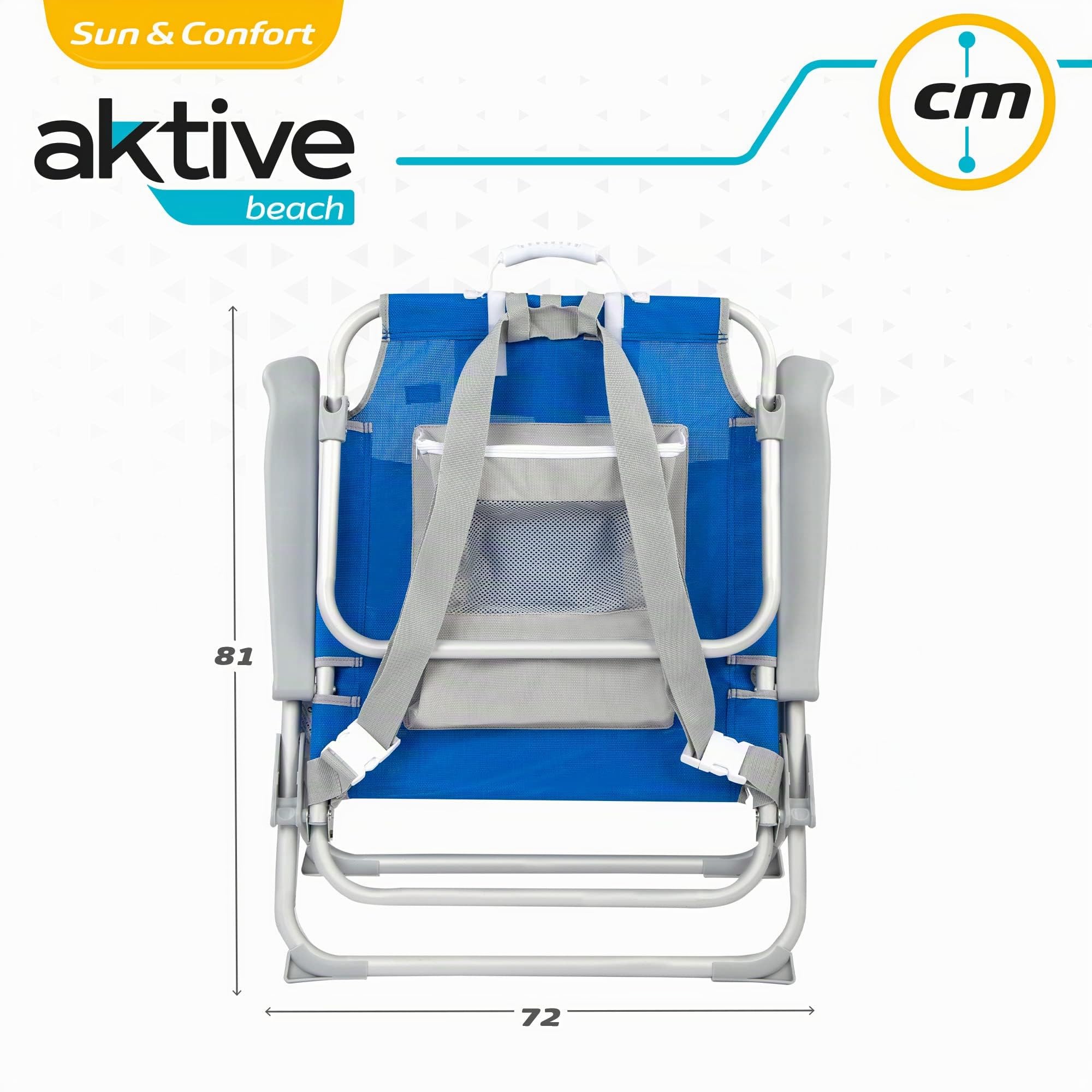 AKTIVE Sedia da spiaggia pieghevole e reclinabile con 5 posizioni, seduta e altezza XXL, portatile e pieghevole 55x66x86 cm, include cuscino, 1 tasca