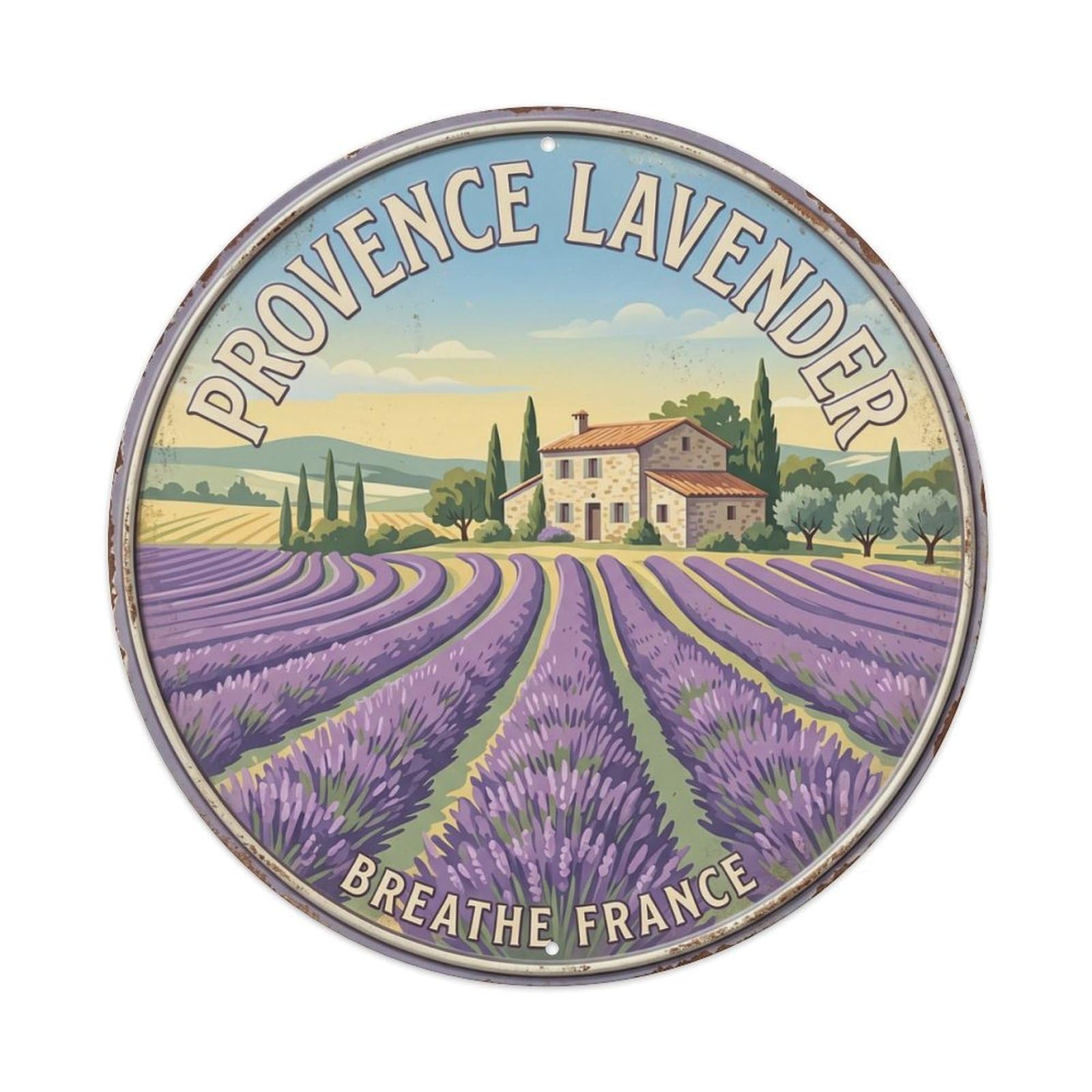Lavender Fields Breathe Provence Landscape Metal Tin Sign Plaque Wall Decor for Cafe, Club Bar, Office, Home Garden Round Metal Poster 8x8Inch
