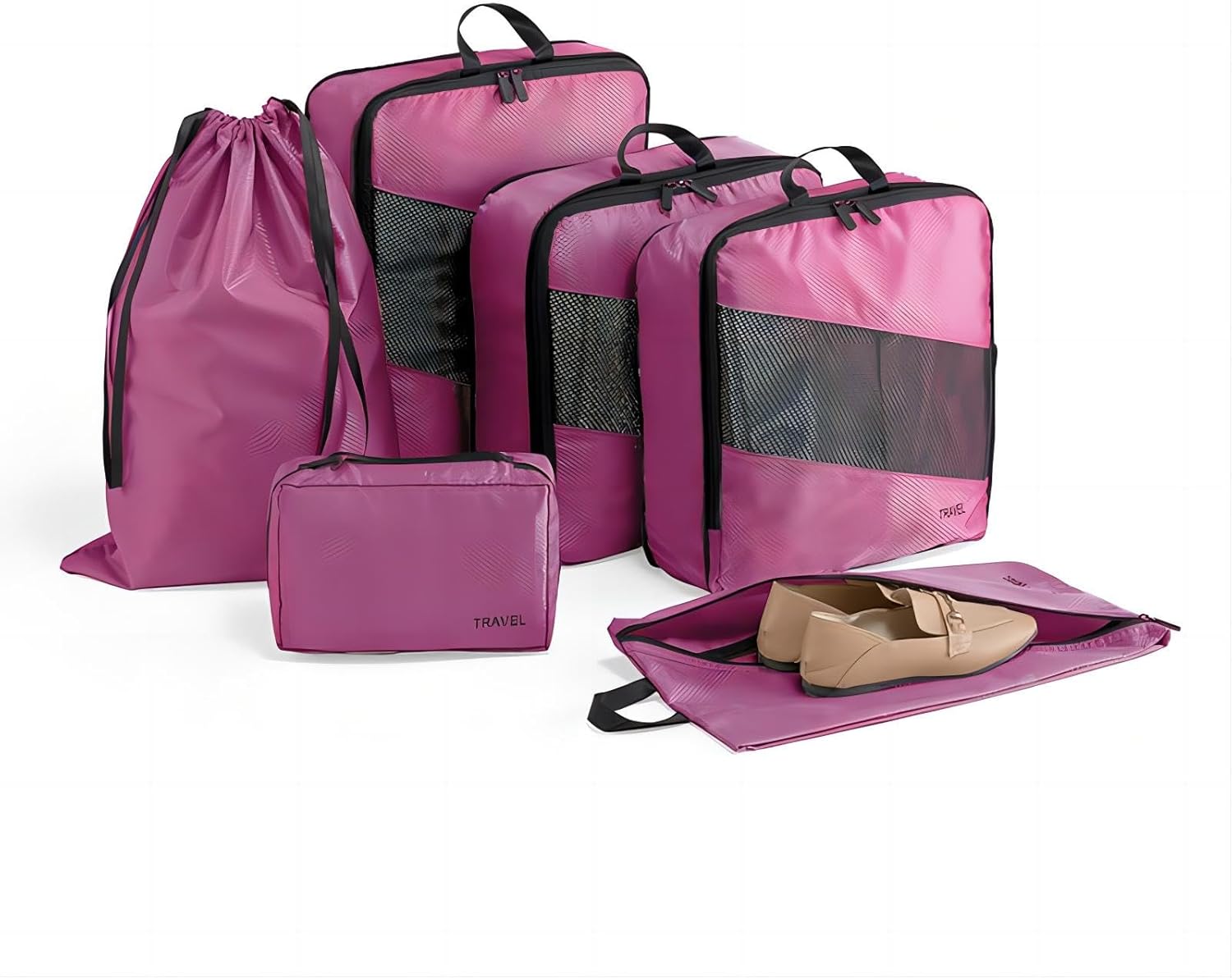 6 Set Compression Packing Cubes for Suitcases, Space-Saving Packing Cubes for Travel, Durable Suitcase Organizer Bags Set for Travel Essentials, Double Zipper Packing Cubes, Rose Red