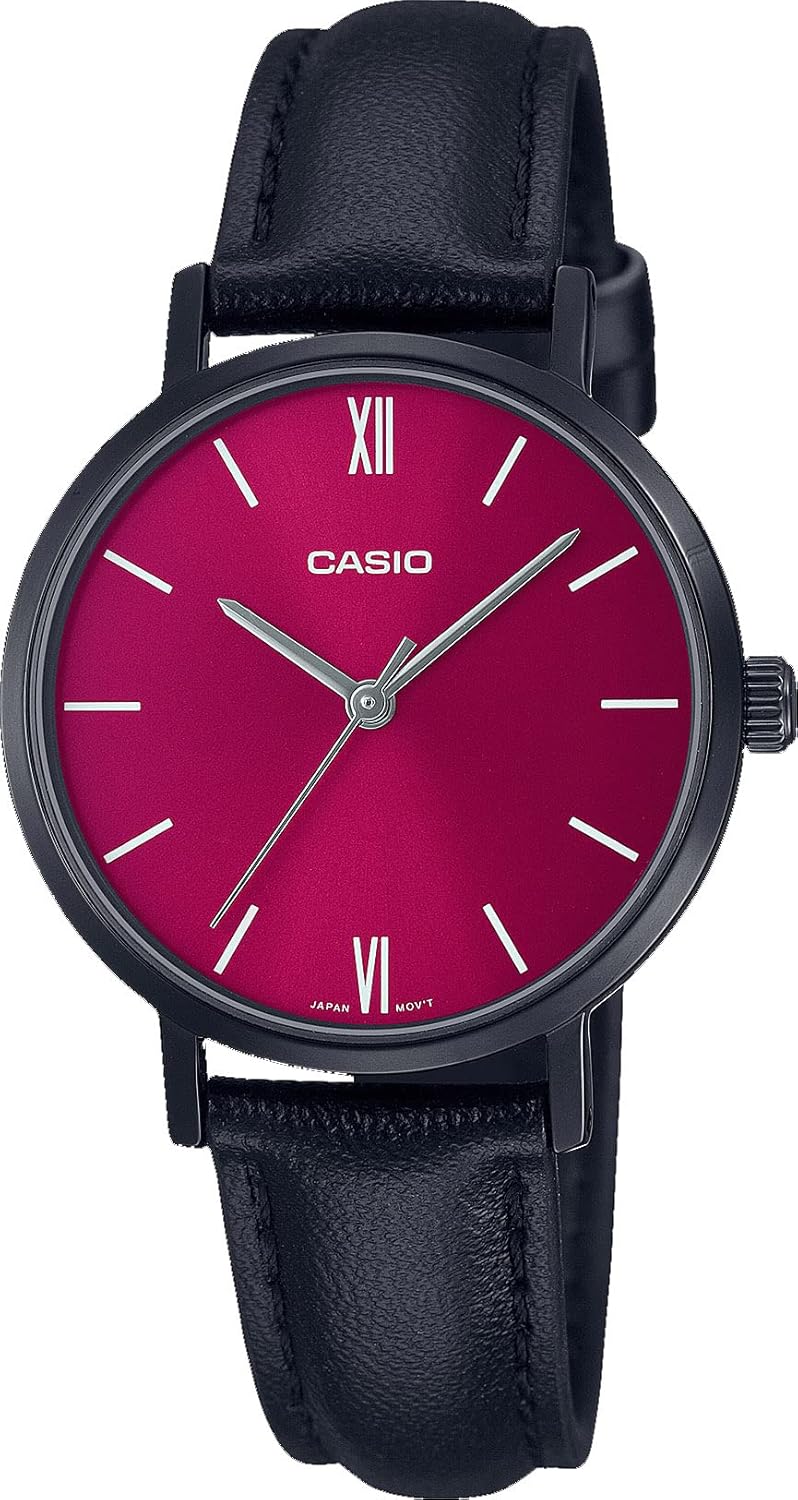 Casio LTP-VT02BL-4A Women's Minimalistic Black IP Red Dial Leather Band 3-Hand Analog Watch