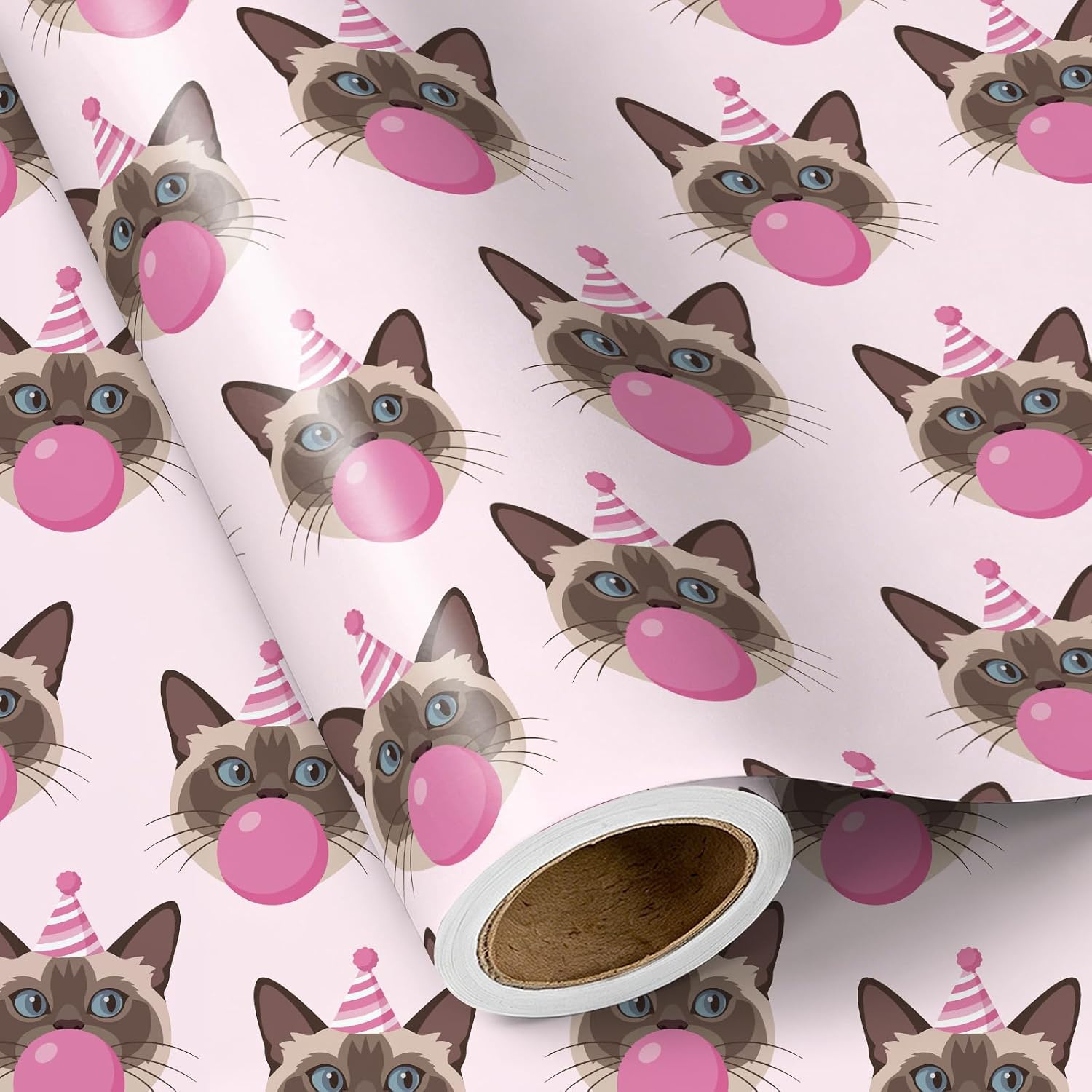 RUSPEPA Cat Birthday Wrapping Paper Roll, Mini Roll, Pink Cute Cat with Bubble Gum & Party Hat Design Gift Wrap Paper for Girls, Kids, Pet Lovers, Birthday Party, Baby Shower, 17 Inches x 9.8 Feet