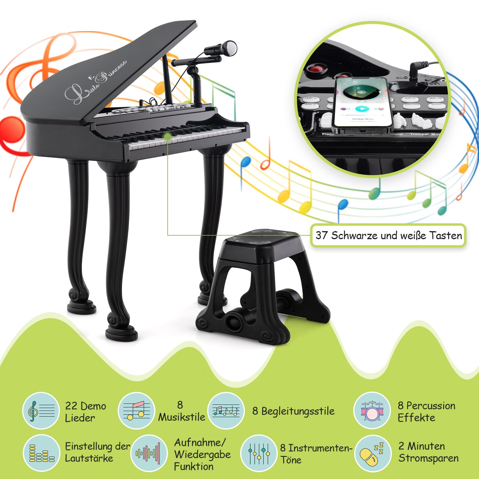 GOPLUS Kinder Keyboard mit 37 Tasten, Mini E-Piano mit LED Lichter, Mehreren Sounds, verstellbarem Mikrofon & Hocker, Elektronisches Klavier für Mädchen & Junge ab 3 Jahre (Schwarz)