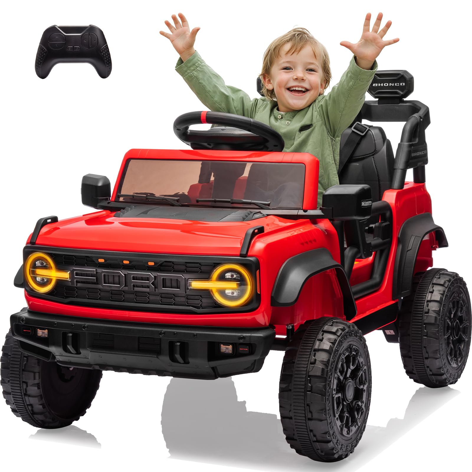 Segmart 12V Powered Electric Car, Licensed Ford Bronco Raptor, Kids Jeep, Kids Electric Vehicle Car, 4 Wheeler Suspension, 3-Speed, Headlight/Music