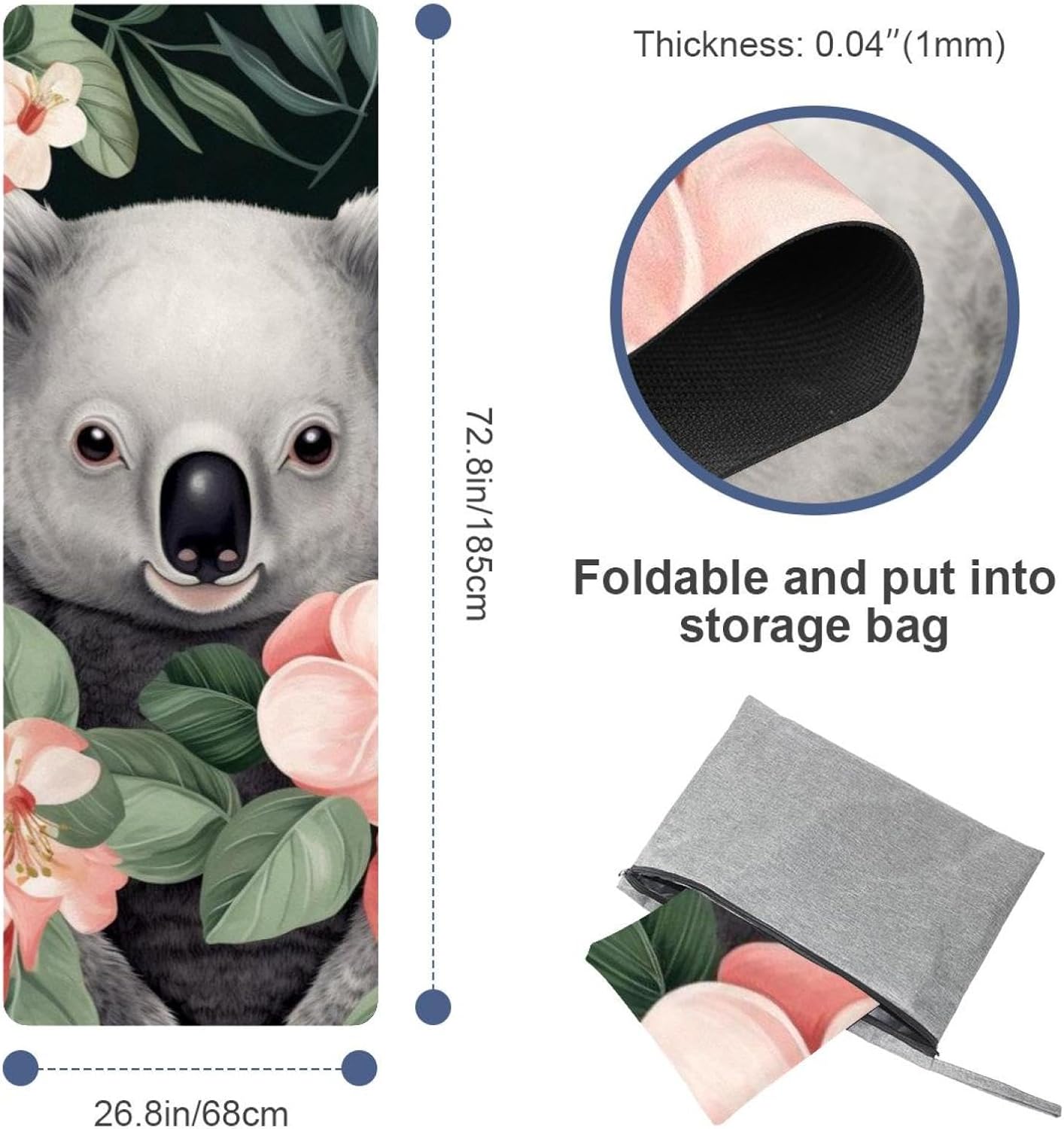 Yoga Towel, Koala Flowers Pattern Non Slip Sweat Absorbent Hot Yoga Mat Towel for Hot Yoga, Pilates and Fitness - 72.8" x 26.8"