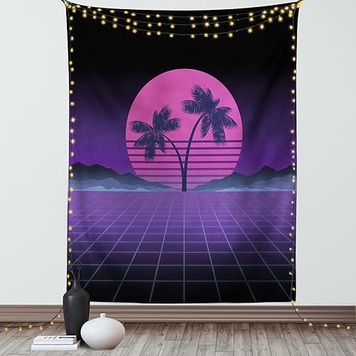 Ambesonne Synthwave Tapestry, Retro Artwork Design of Striped Pinkish Moon Exotic Palms and Mountains, Wall Hanging for Bedroom Living Room Dorm