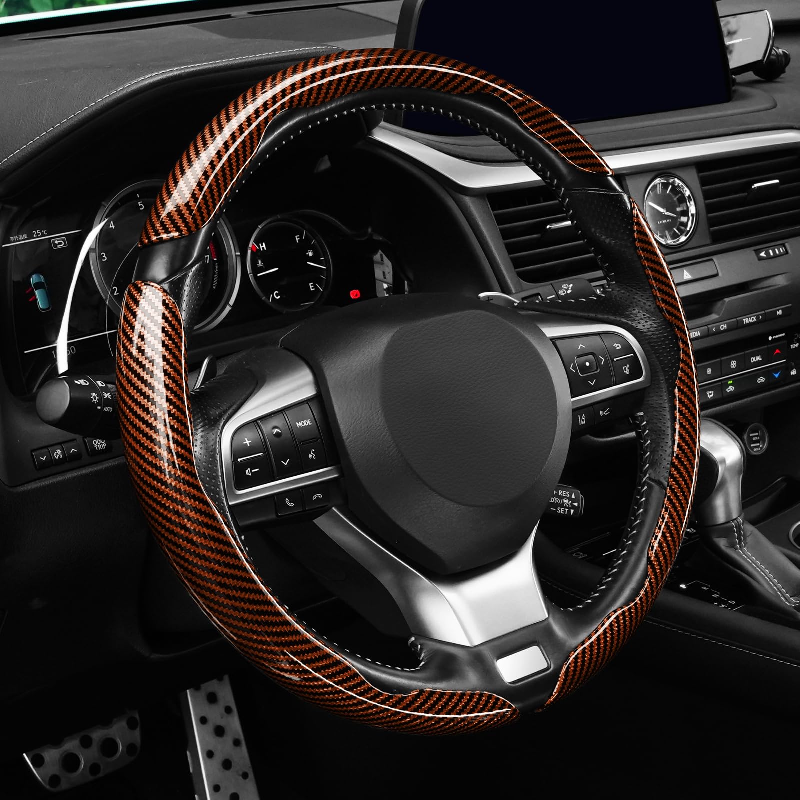 Amiss 3pcs Carbon Fiber Anti-Skid Steering Wheel Cover, Waterproof Design, Universal Fit for 14-16 Inch Car Wheel Cover, Interior Car Accessories for Jeeps, SUVs, Trucks (Glossy Brown)