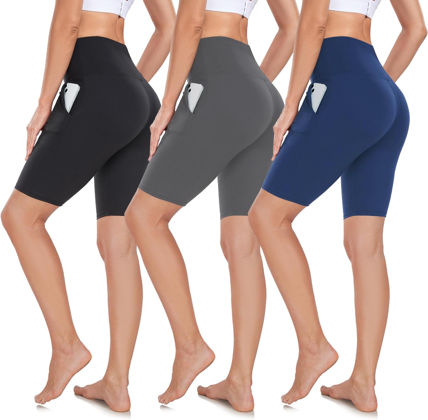 NEW YOUNG 3 Pack Biker Shorts with Pockets for Women – High Waisted Tummy Control 8" Workout Spandex Yoga Bike Shorts