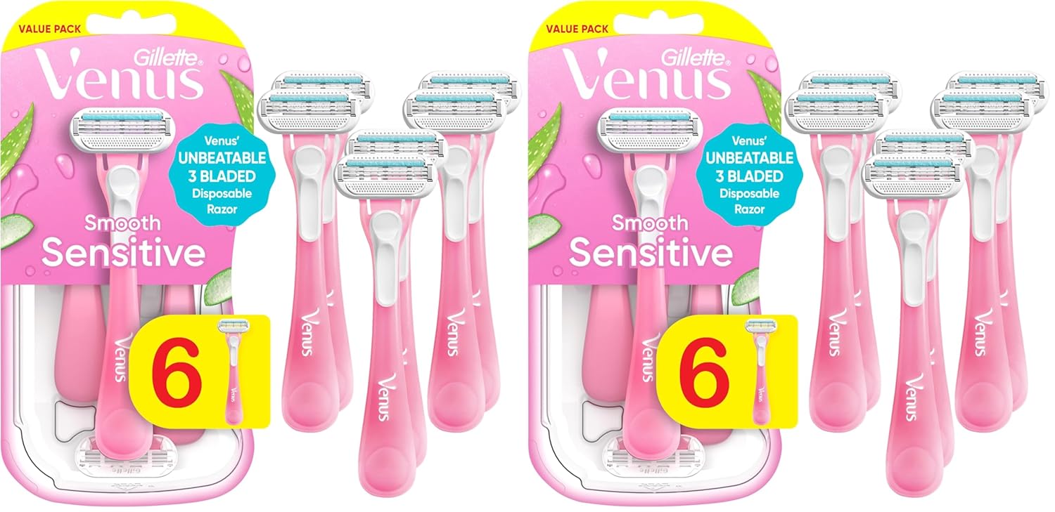 Gillette Venus Sensitive Disposable Razors for Women with Sensitive Skin, Delivers Close Shave with Comfort 6 Count (Pack of 2)