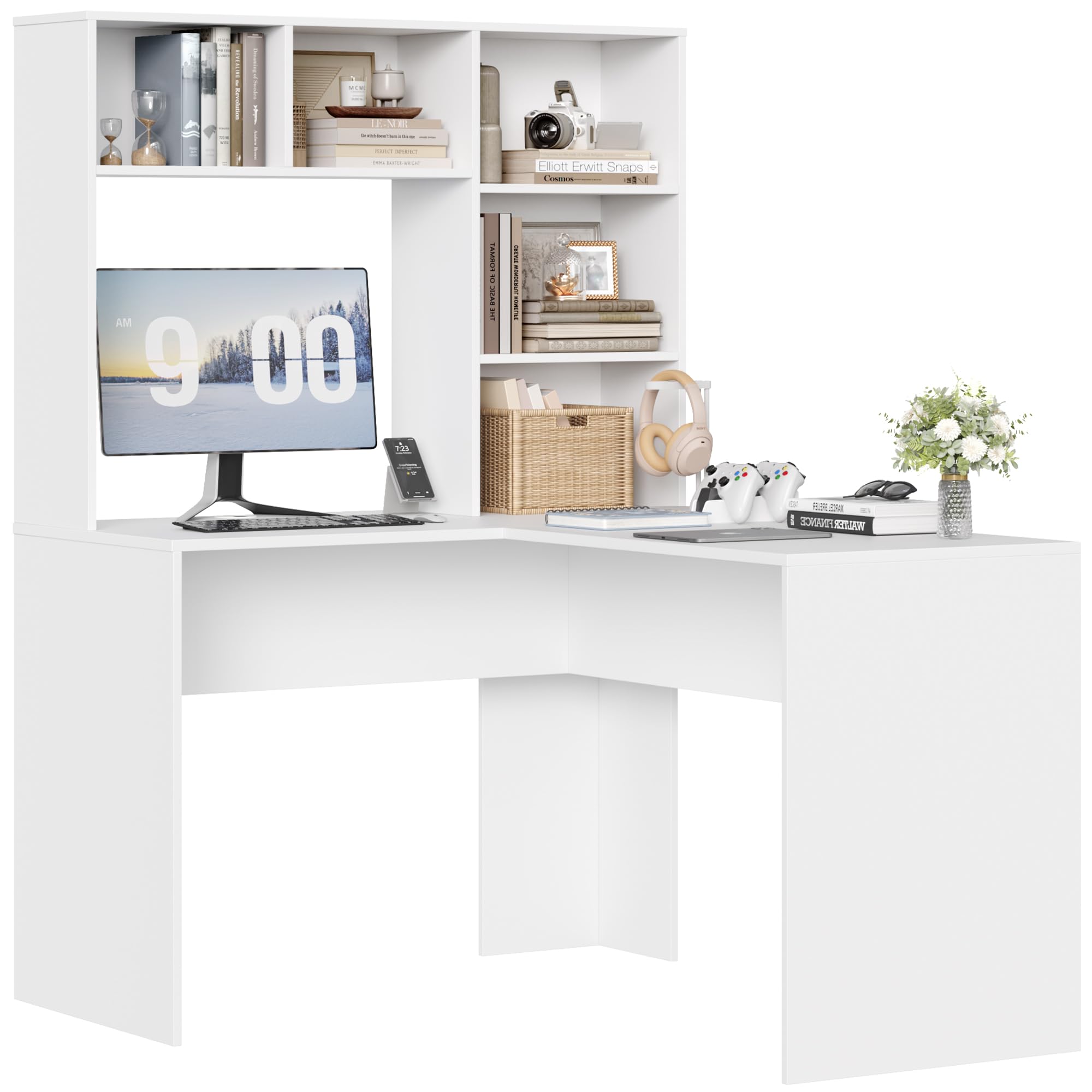 FirFurd Escritorio Esquinero, Escritorio con Estantería, Escritorio en L, Mesa en L, Escritorio Ordenador Grande, Escritorio Juvenil, para Estudio, Dormitorio, Oficina, Blanco