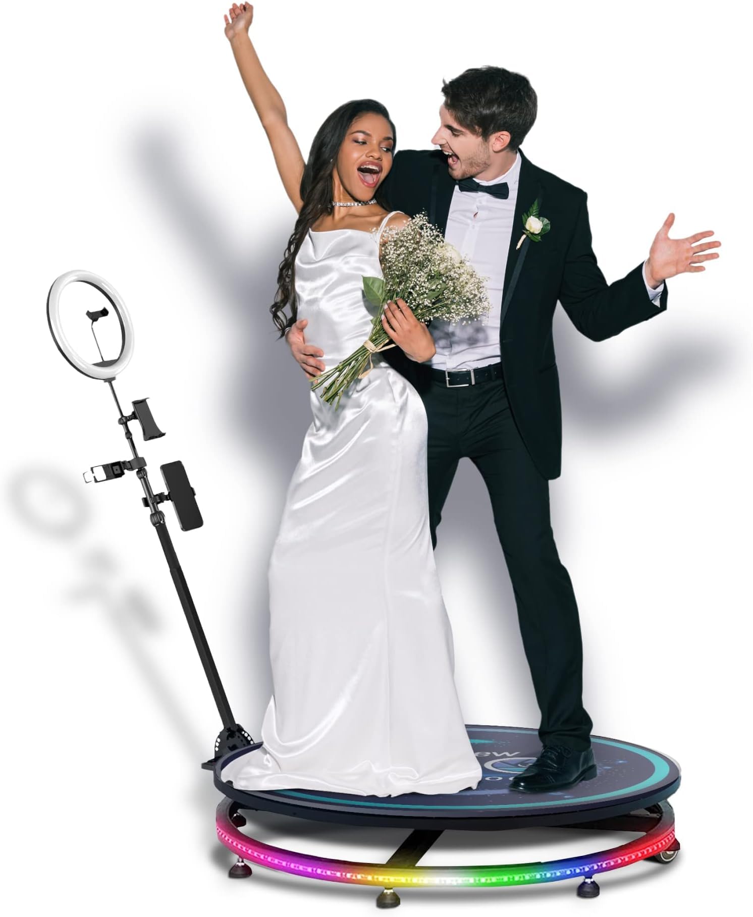 Photo Booth 360, Incluye Mando a Distancia y Soportes para Smartphone, iPad, gopro y cámara Reflex, Anillo de iluminación, Giro configurable Desde el Mando, Maleta (Photobooth 360 de 80cm)
