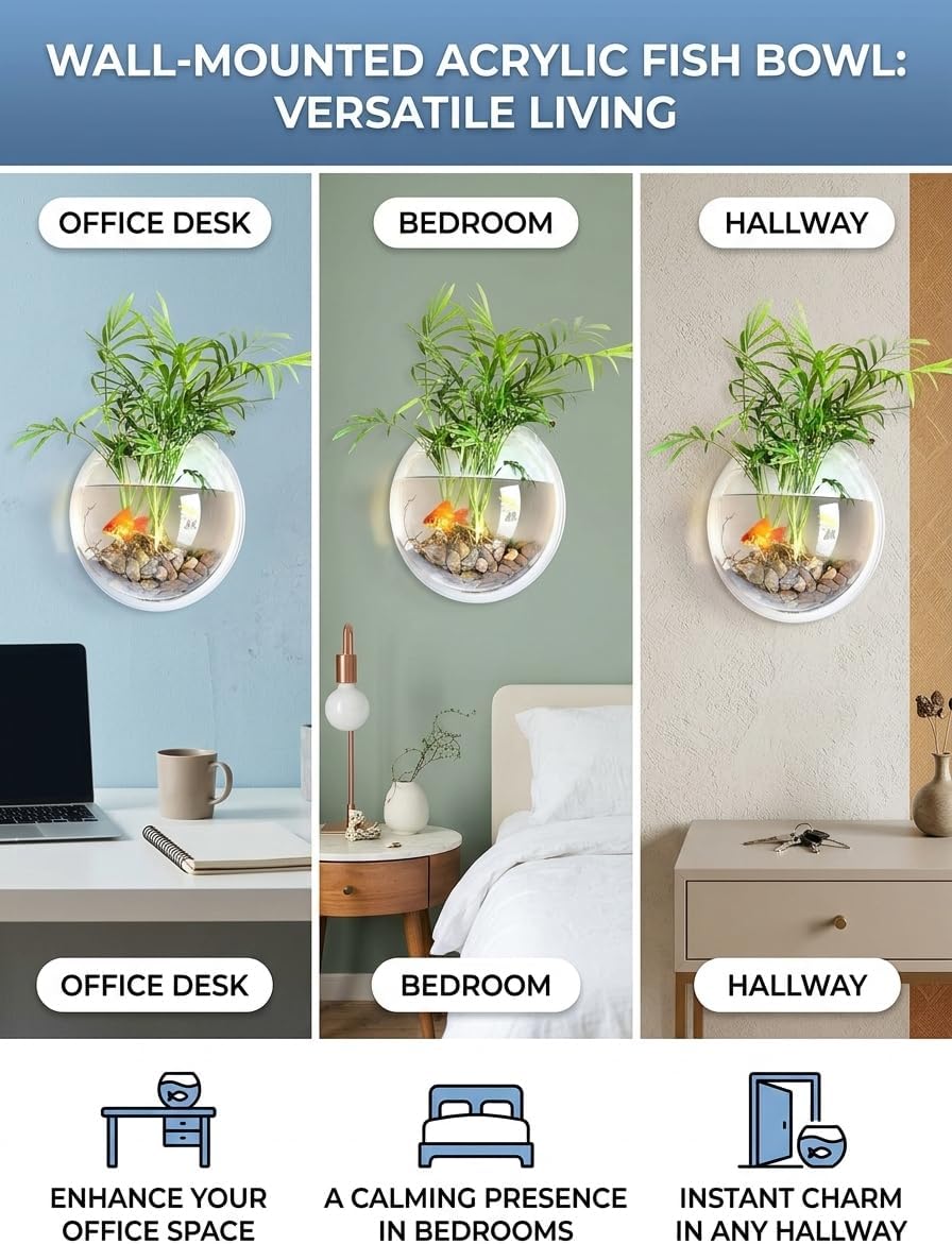 Wall-Mounted Acrylic Fish Bowl, Clear Hanging Aquatic Planter and Aquarium
