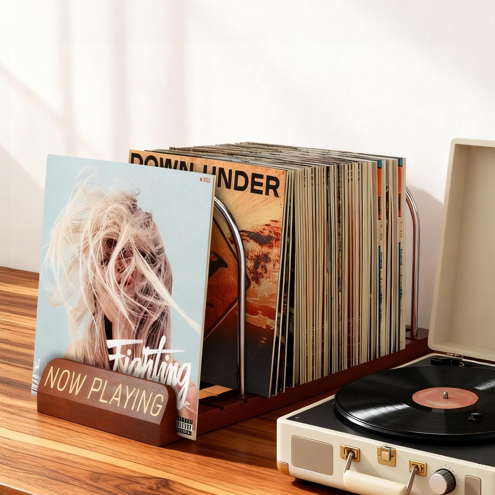 Supporto per dischi in vinile, scalabile, in stile retrò, per 30 – 70 LPs, Now Playing Vinyl Stand in legno e metallo, supporto LP per CD, album, con 5 tasche interne