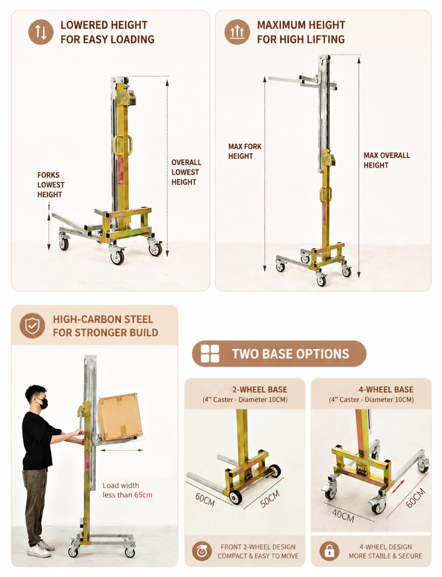 Tragbarer Materialhebewagen, manueller Schrankheber mit Seilwinde für Lager | Ein-Mann-Bedienung von Hebegeräten for die Montage von Deckenschränken und Trockenbauplatten(C Two wheels 240 cm/7.87 ft)