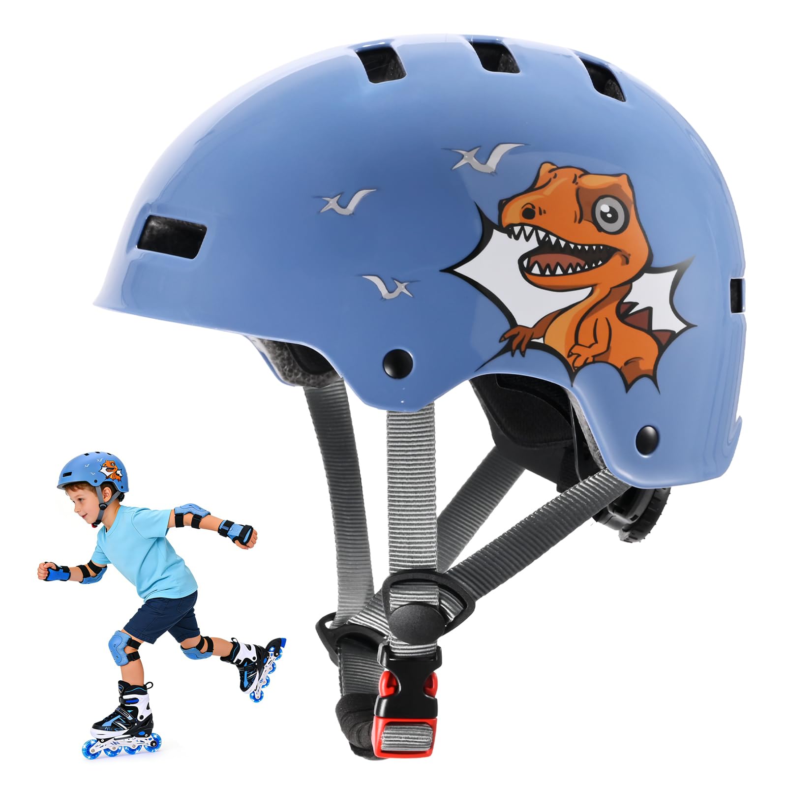 DUZSKJ Verstellbarer Kinderfahrradhelm für Jungen, Kleinkinder und Jugendliche, Schutzhelm für Skateboard Fahrrad Roller Inline-Skates und Radfahren (Blauer & Dinosaurier, S)