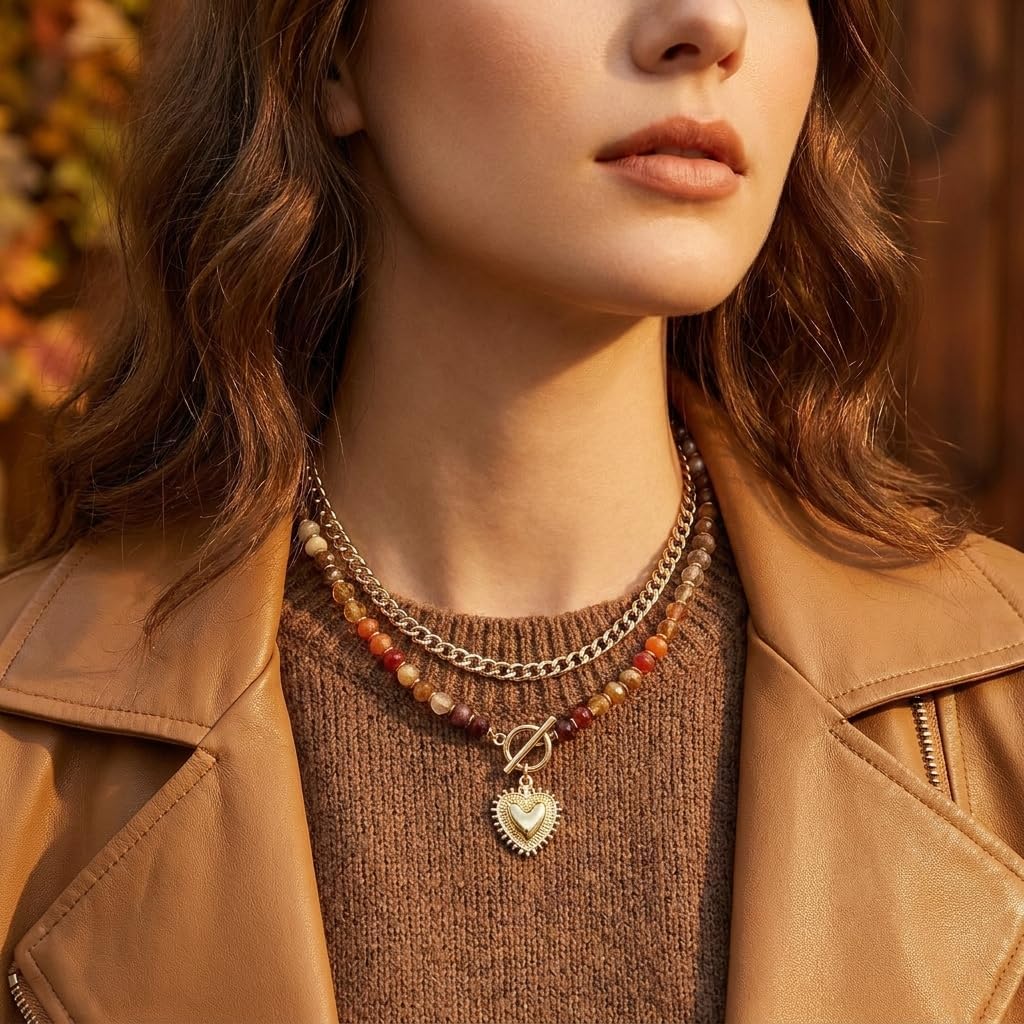 Sonateomber Chunky Gold Layered Beaded Pendant Necklace for Women, Trendy Statement Resin Acrylic Bead Chain Choker Necklaces Summer Beach Prom Fashion Accessories Jewelry Gift